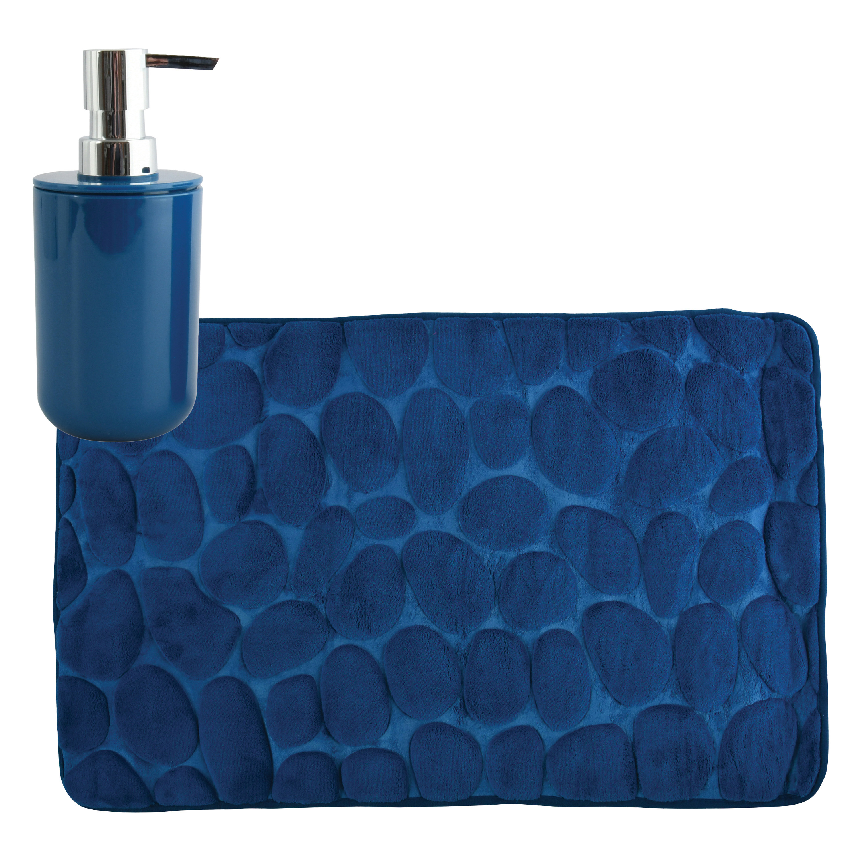 MSV badkamer droogloop mat-tapijt Kiezel 50 x 80 cm zelfde kleur zeeppompje donkerblauw