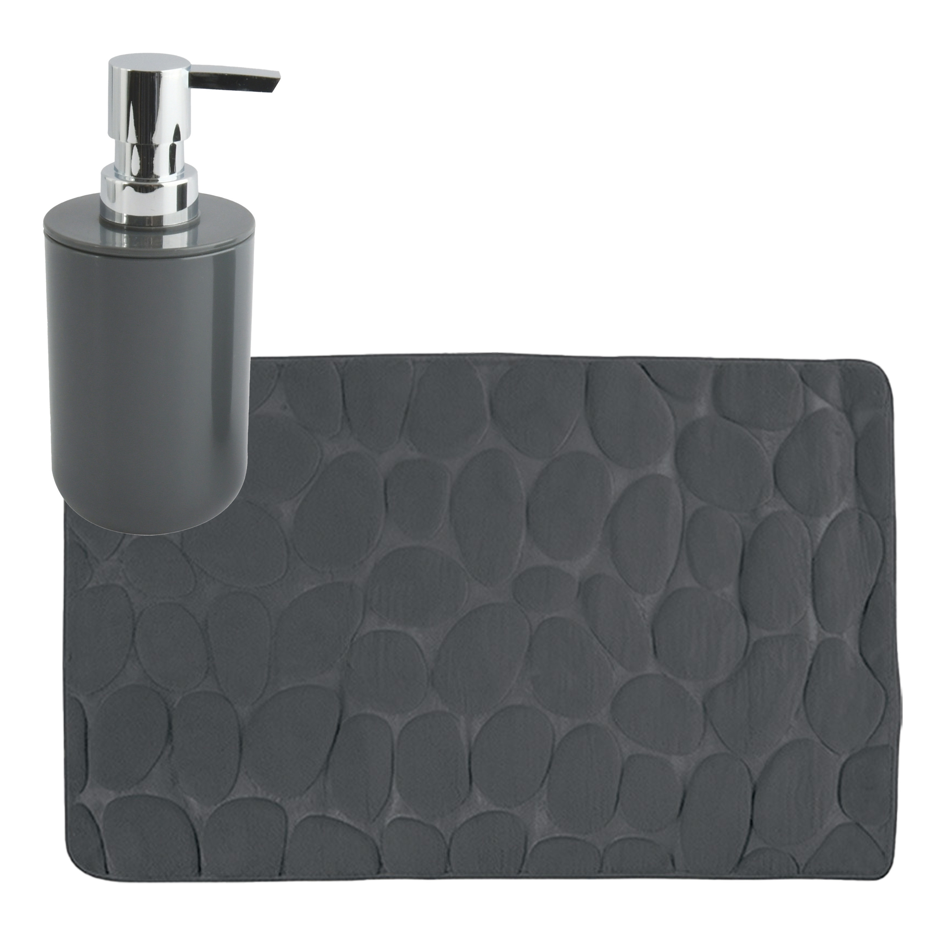 MSV badkamer droogloop mat-tapijt Kiezel 50 x 80 cm zelfde kleur zeeppompje donkergrijs