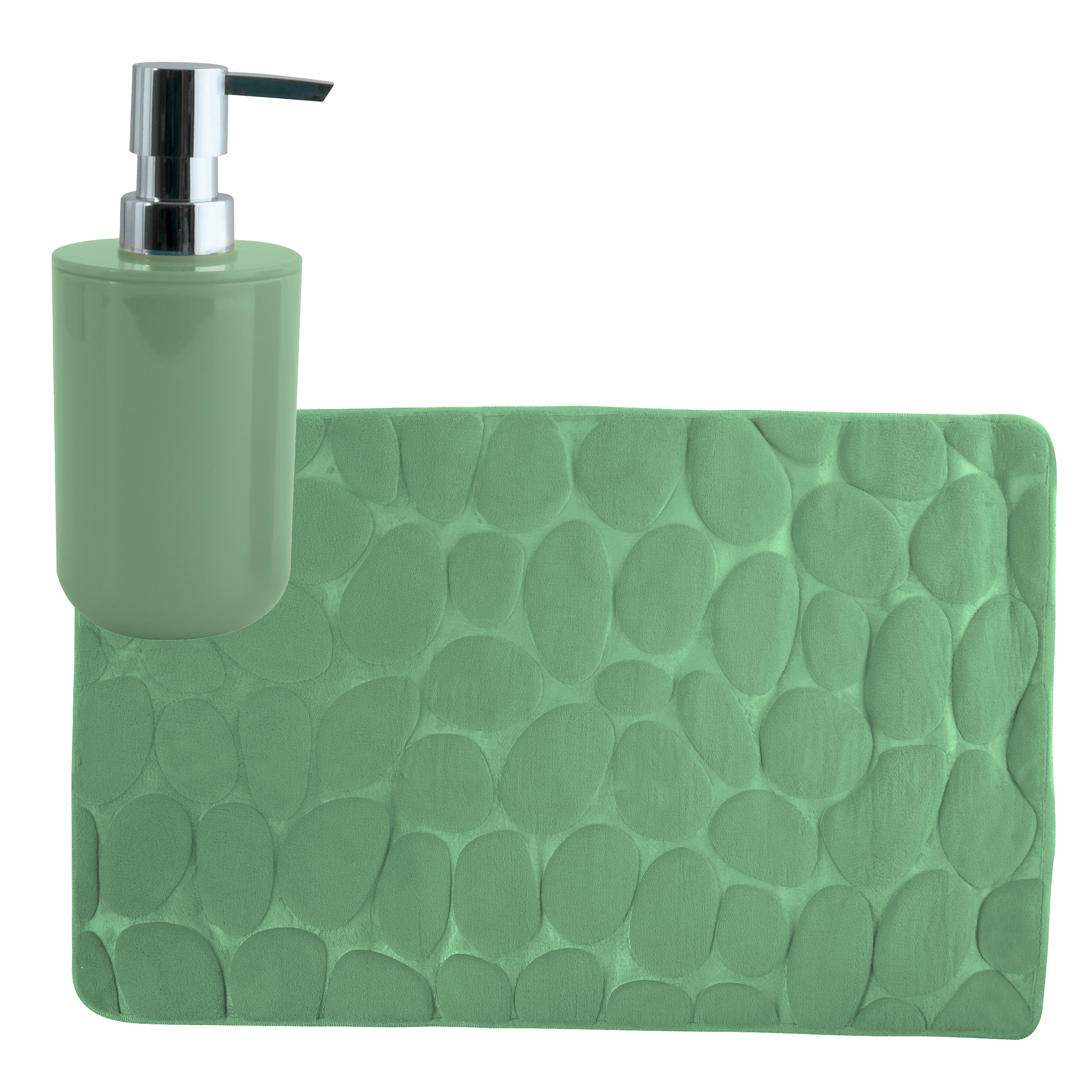MSV badkamer droogloop mat-tapijt Kiezel 50 x 80 cm zelfde kleur zeeppompje groen