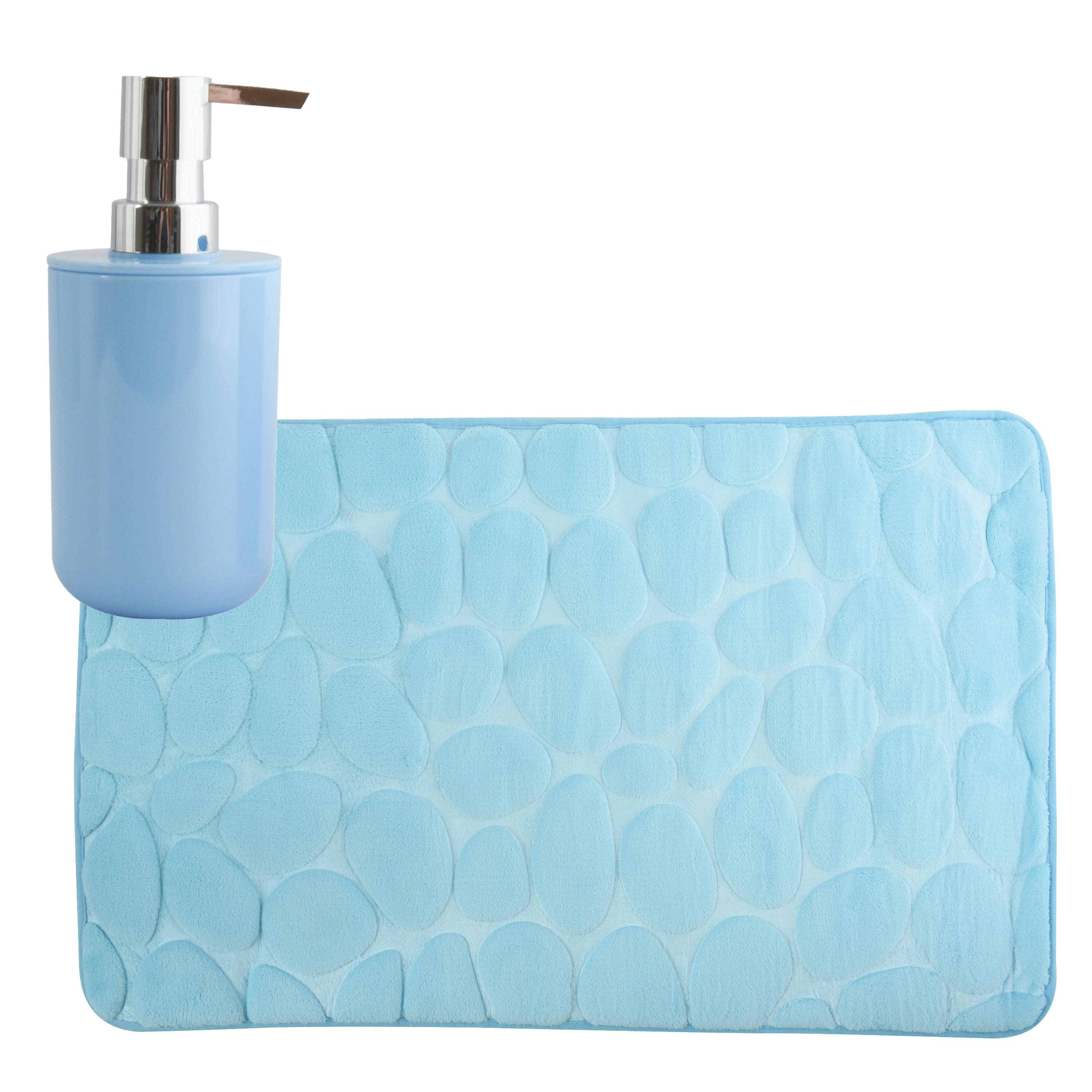 MSV badkamer droogloop mat-tapijt Kiezel 50 x 80 cm zelfde kleur zeeppompje lichtblauw
