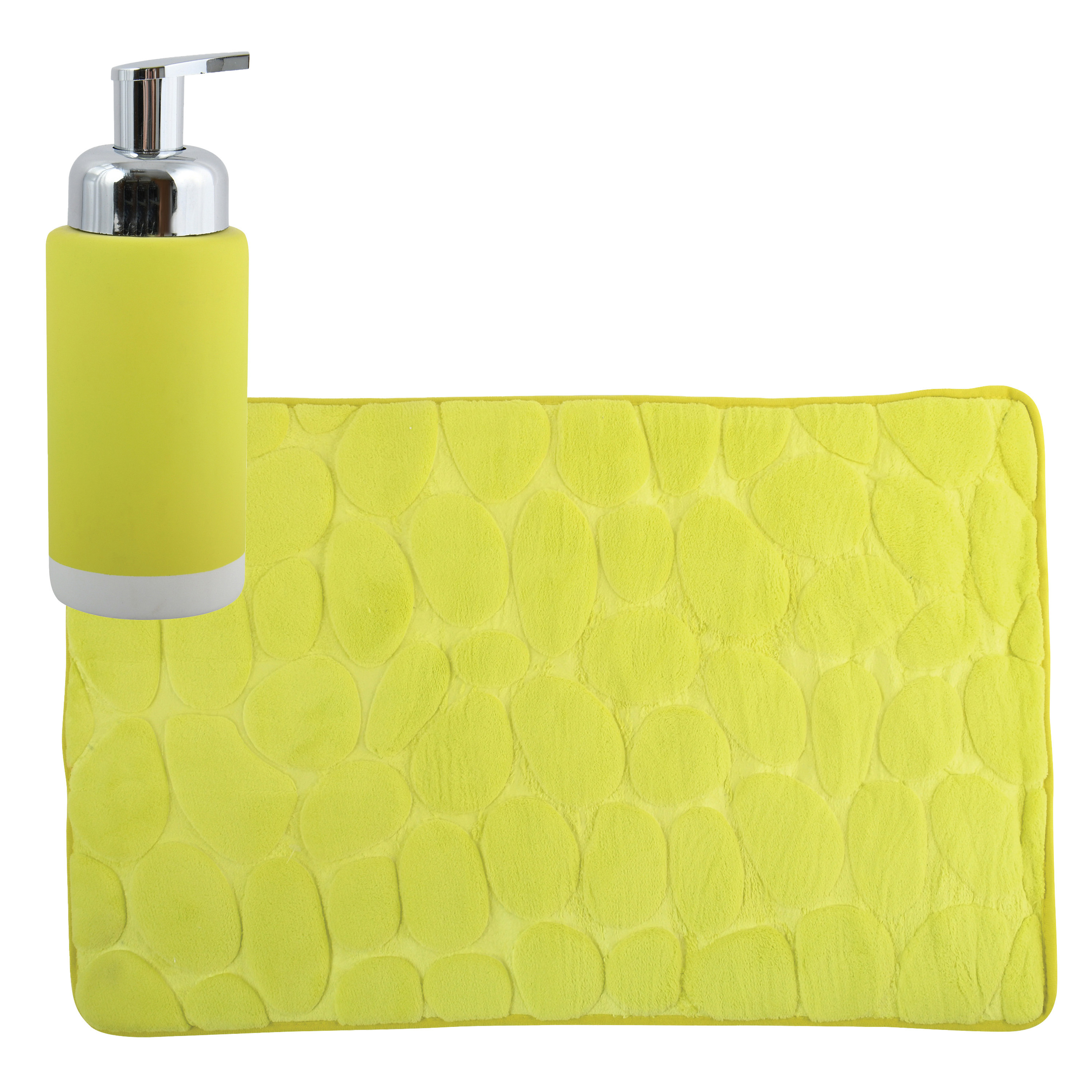 MSV badkamer droogloop mat-tapijt Kiezel 50 x 80 cm zelfde kleur zeeppompje limegroen