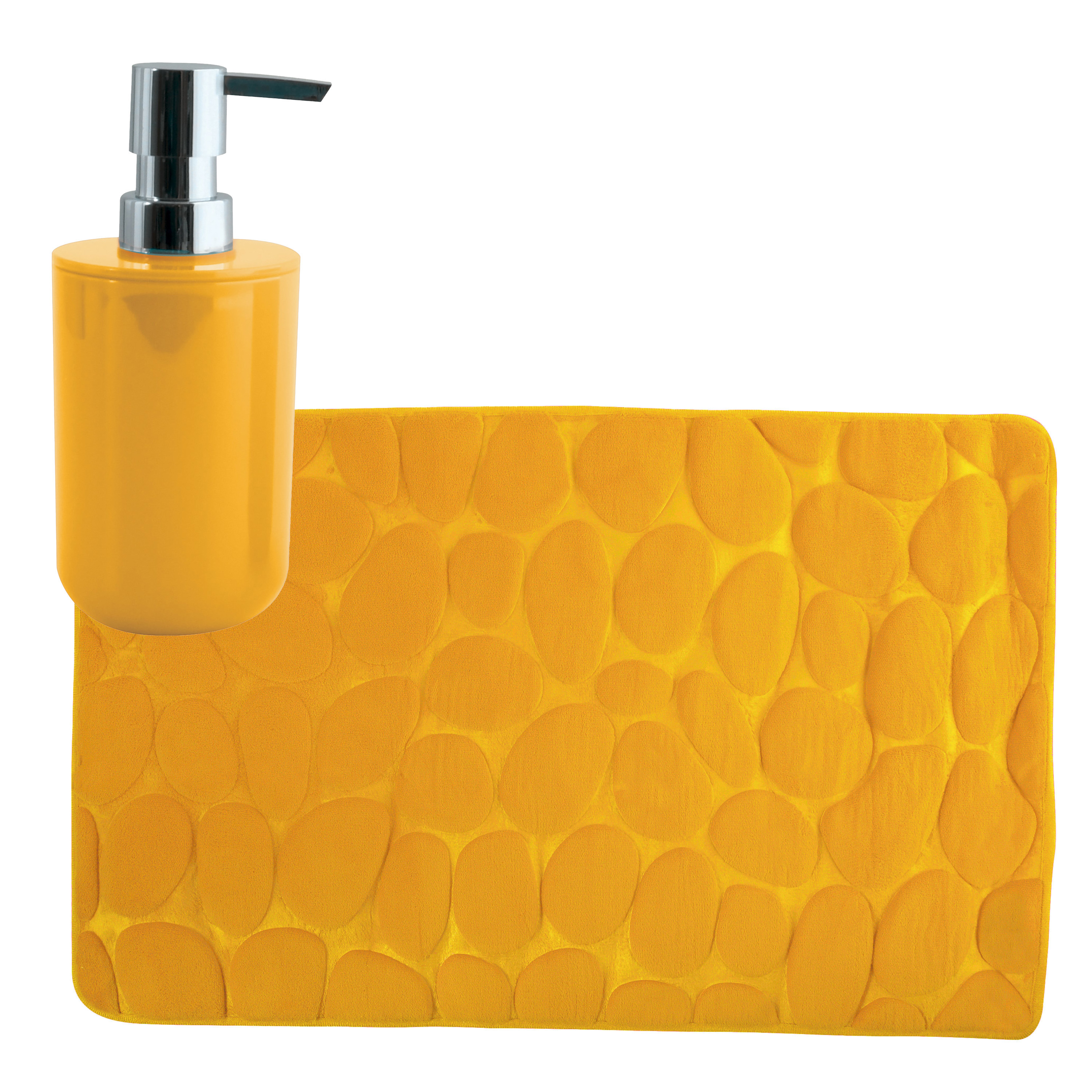 MSV badkamer droogloop mat-tapijt Kiezel 50 x 80 cm zelfde kleur zeeppompje saffraan geel