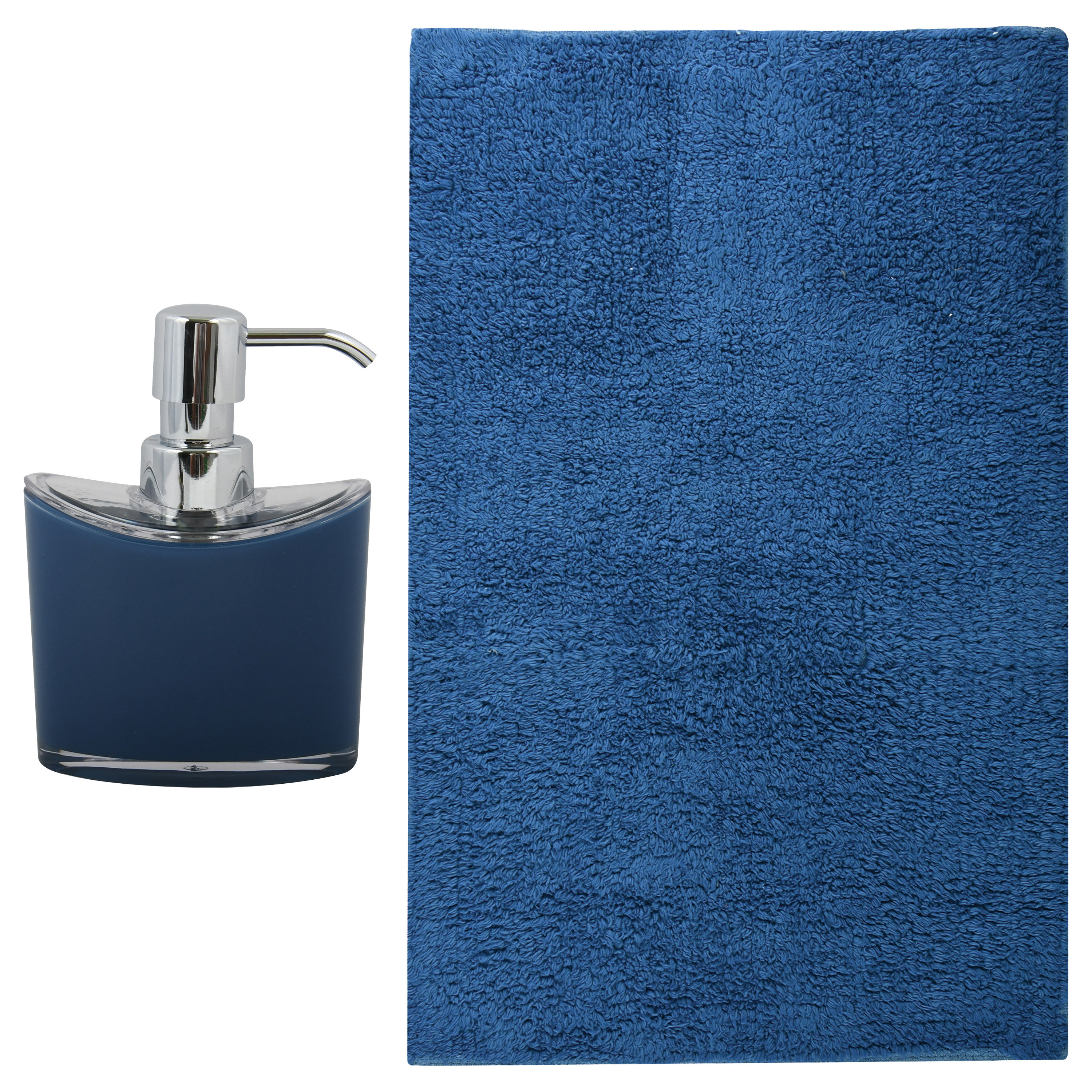 MSV badkamer droogloop mat-tapijt Sienna 40 x 60 cm bijpassende kleur zeeppompje donkerblauw