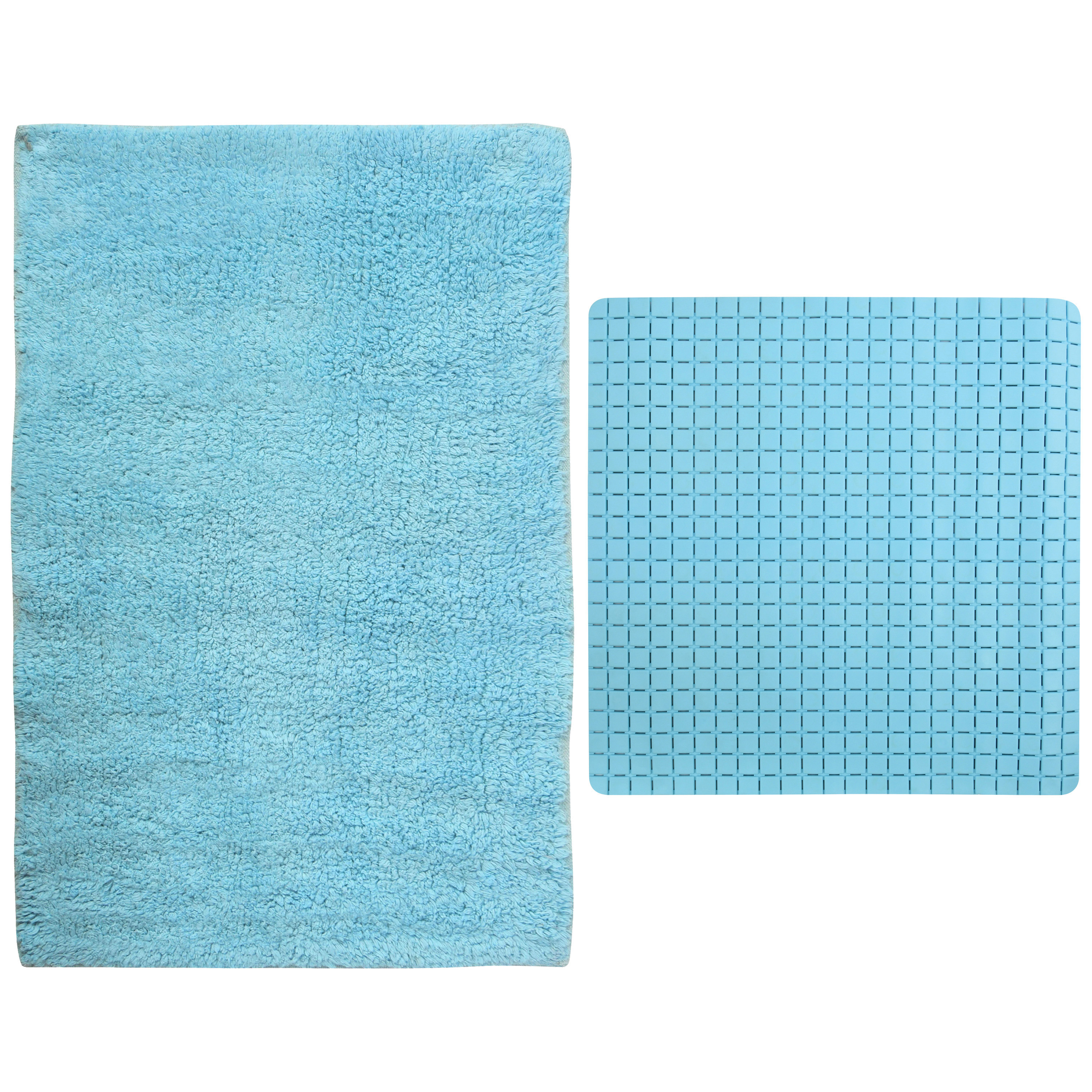 MSV Douche anti-slip mat en droogloop mat Napoli badkamer set rubber-polyester lichtblauw