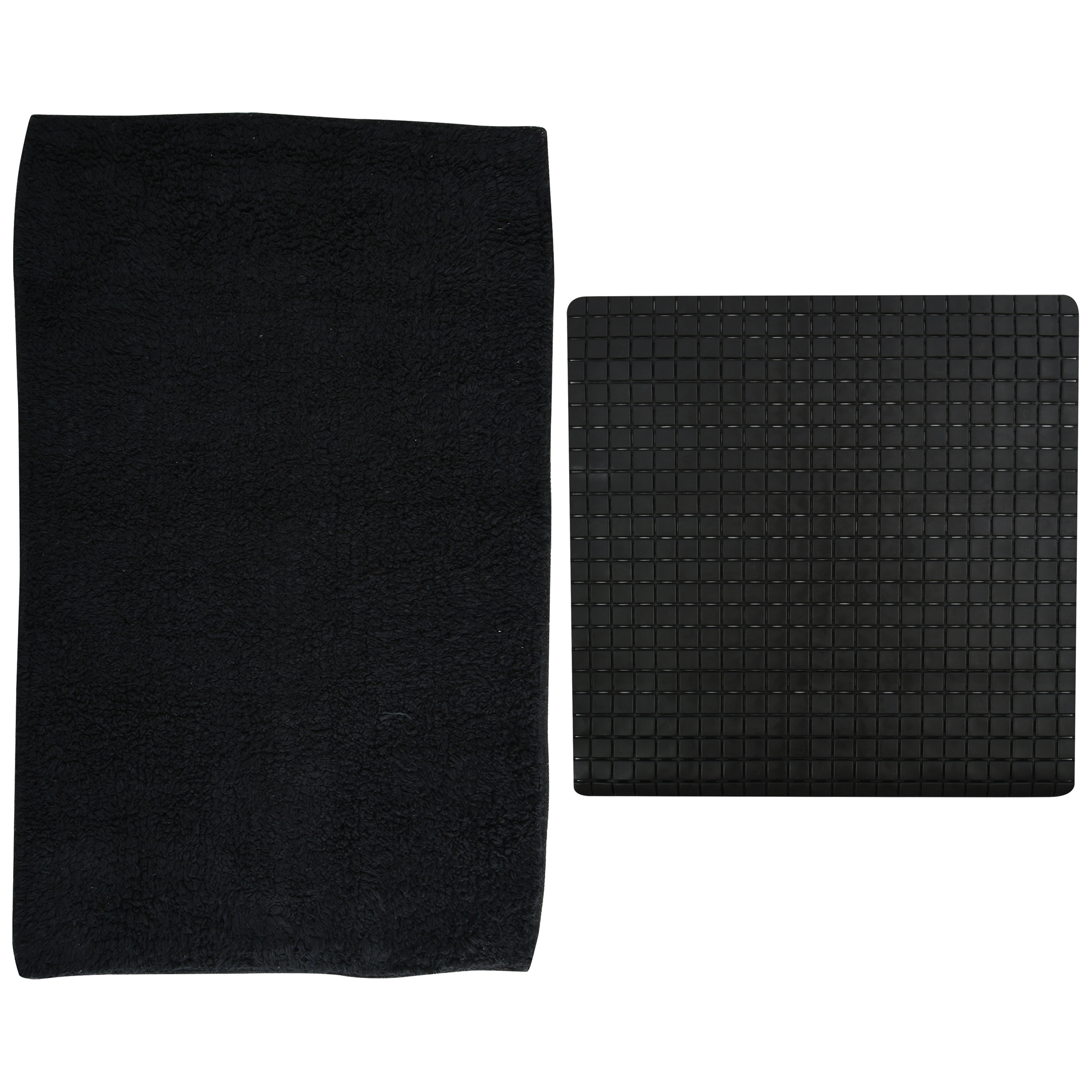 MSV Douche anti-slip mat en droogloop mat Napoli badkamer set rubber-polyester zwart