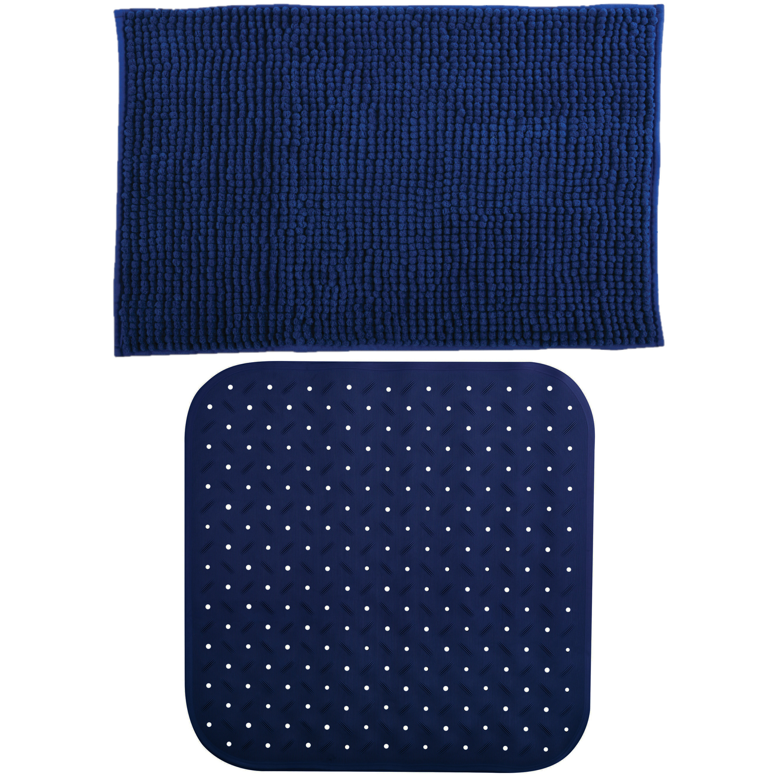 MSV Douche anti-slip mat en droogloop mat Sevilla badkamer set rubber-microvezel donkerblauw