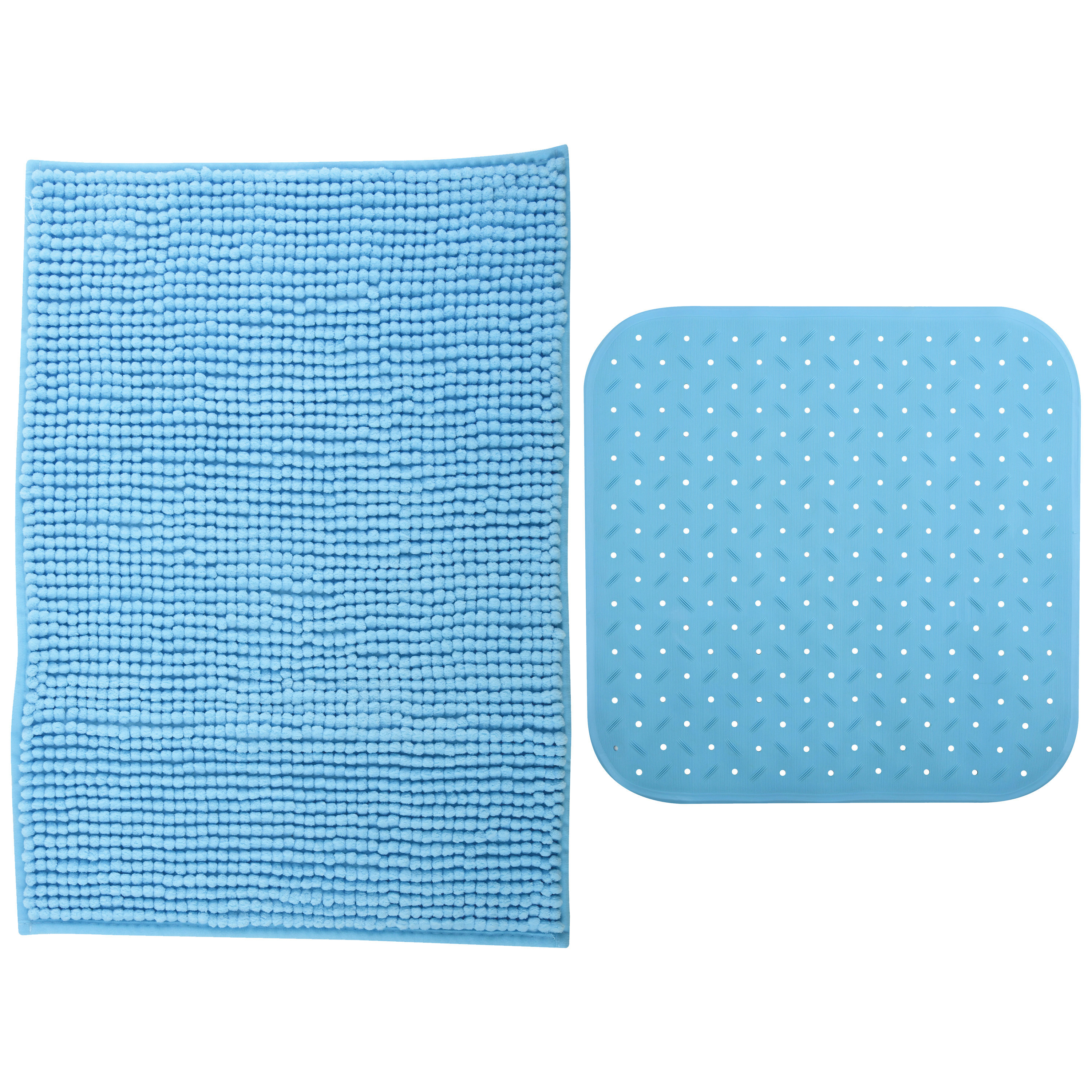 MSV Douche anti-slip mat en droogloop mat Sevilla badkamer set rubber-microvezel lichtblauw