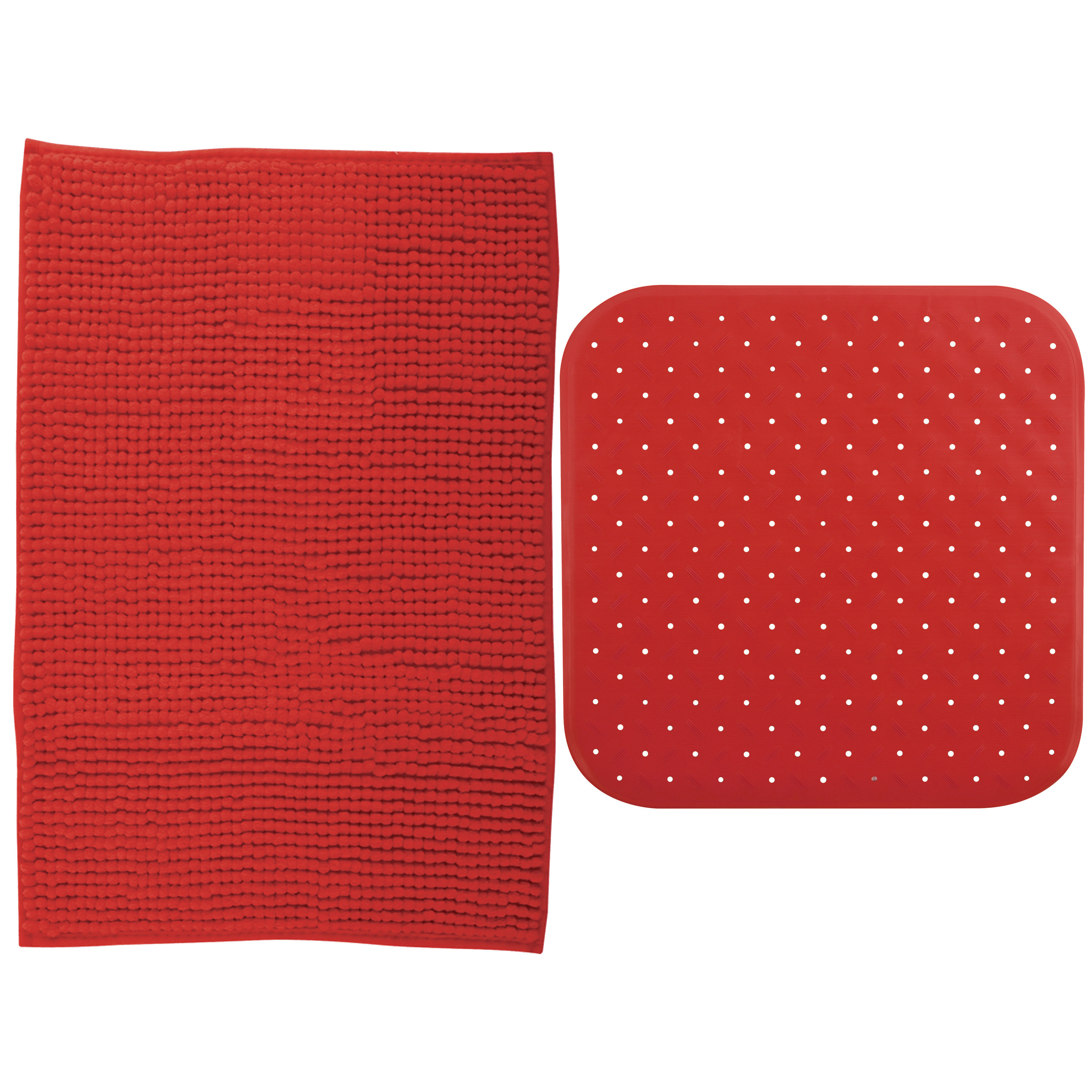 MSV Douche anti-slip mat en droogloop mat Sevilla badkamer set rubber-microvezel rood