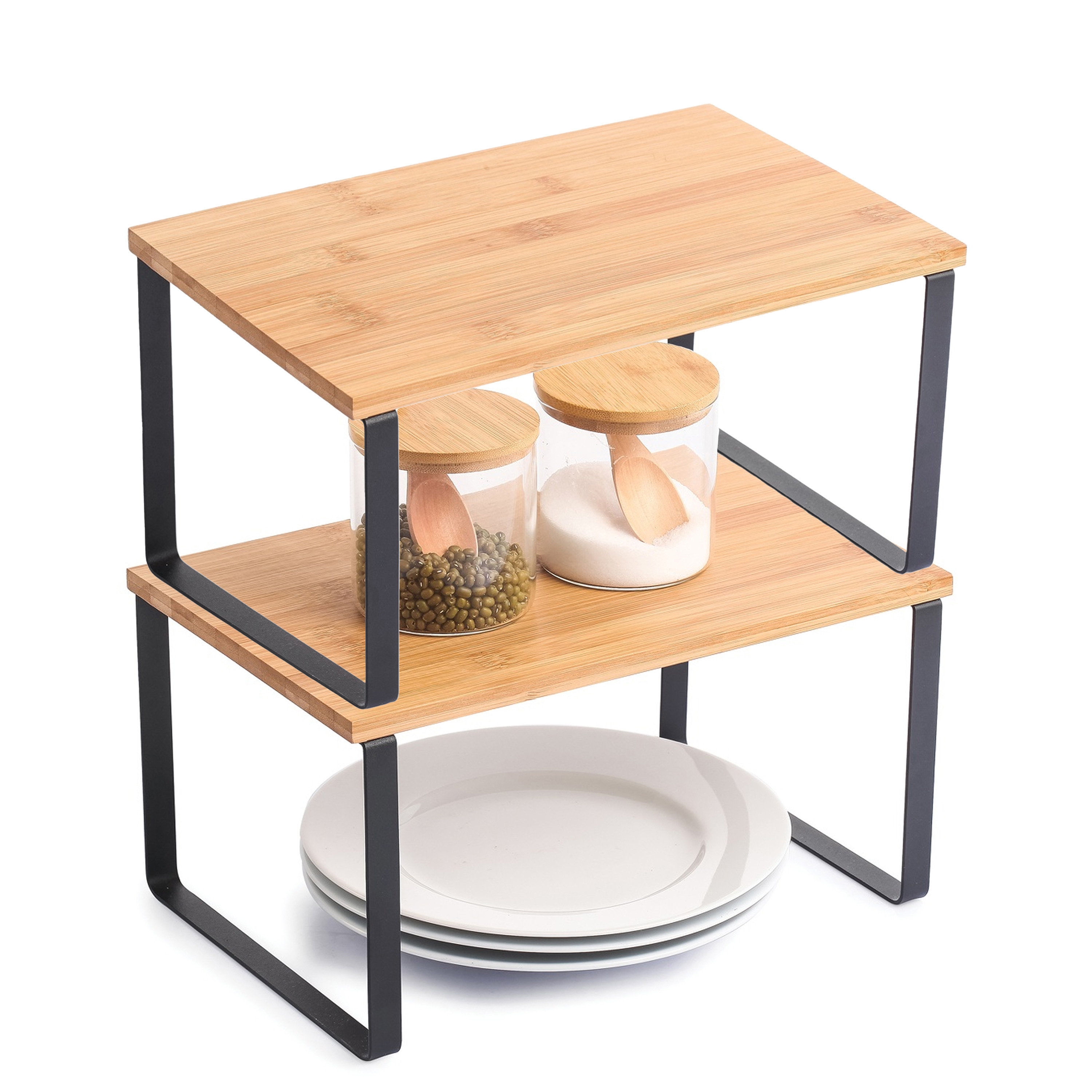 MSV keukenrek-opbergrek-aanrecht organizer set 2x 30 x 20 x 16 cm metaal-bamboe hout
