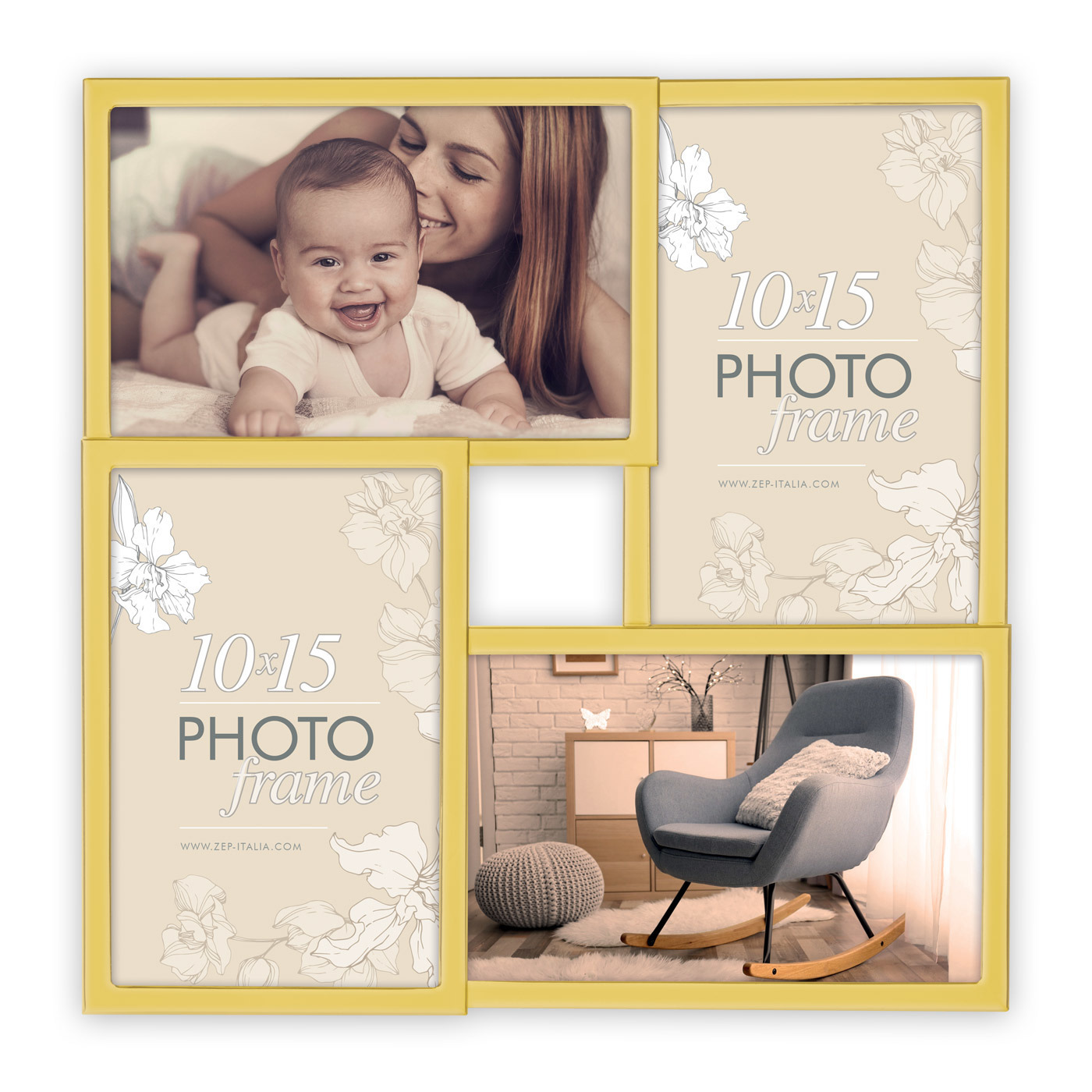 Multi fotolijst met metalen frame goud met 4 lijstjes geschikt voor een foto van 10 x 15 cm
