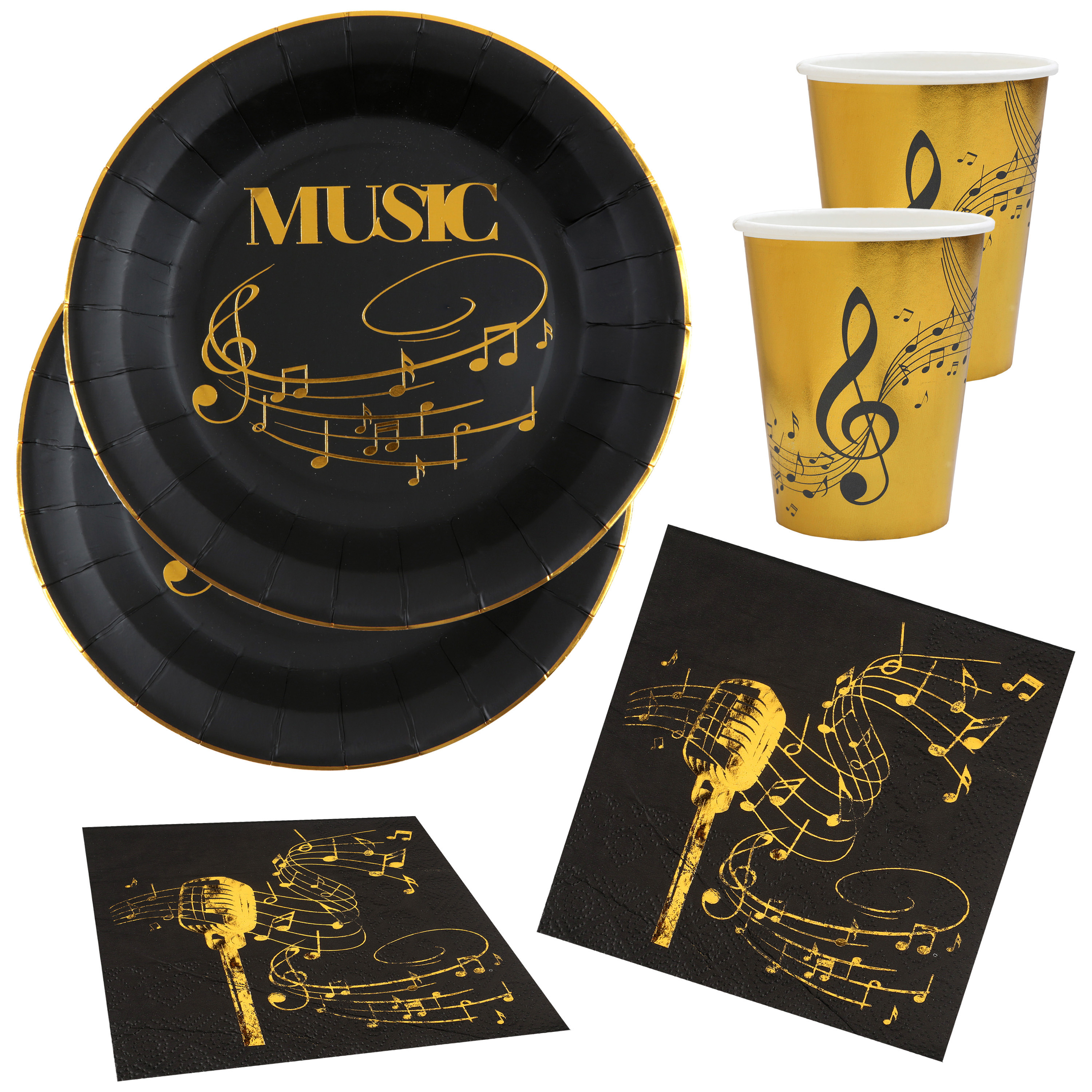 Muziek feest wegwerp servies set 10x bordjes-10x bekers-20x servetten goud-zwart