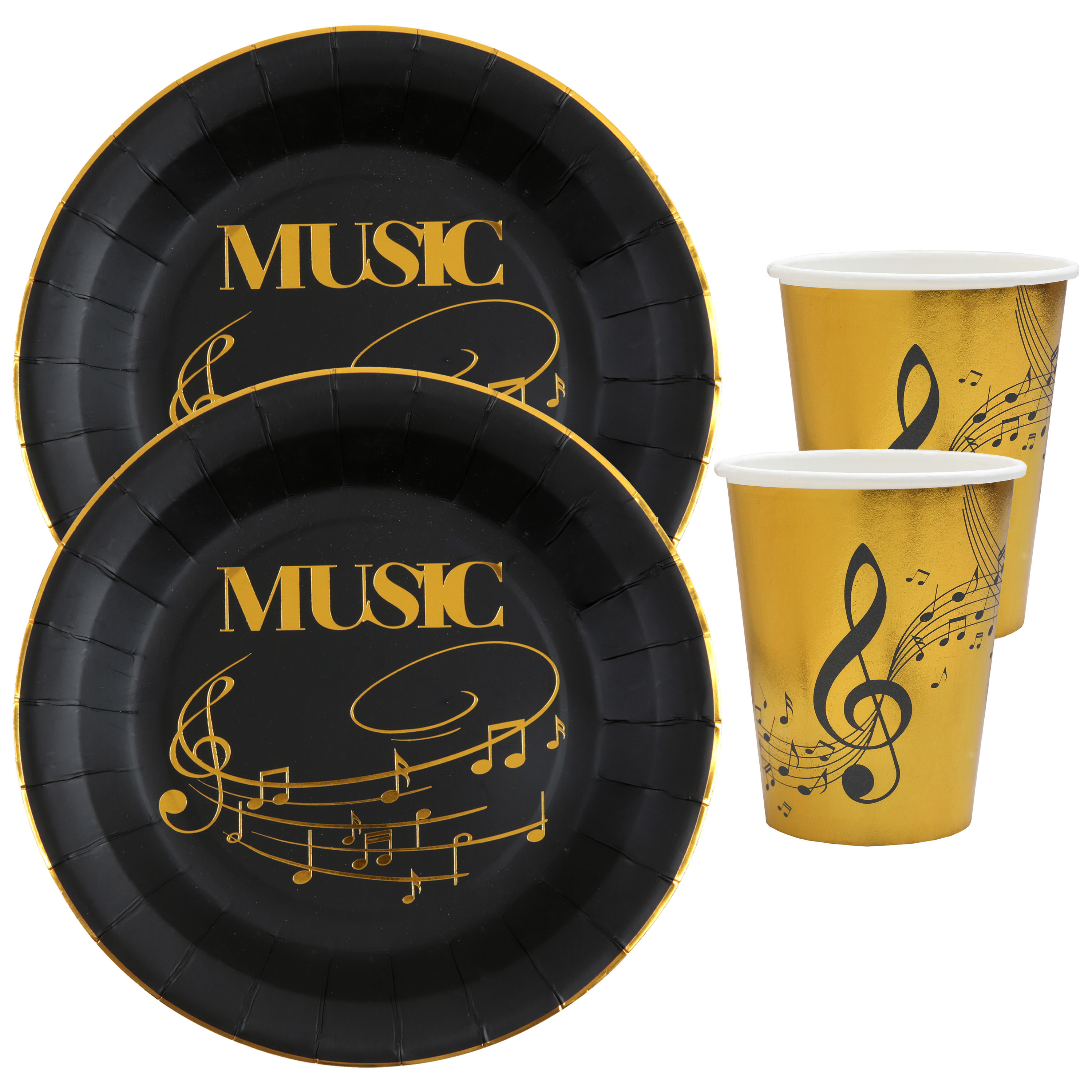Muziek feest wegwerp servies set 10x bordjes-10x bekers goud-zwart