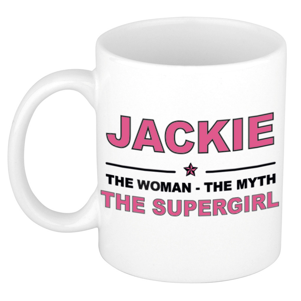 Naam cadeau mok- beker Jackie The woman, The myth the supergirl 300 ml