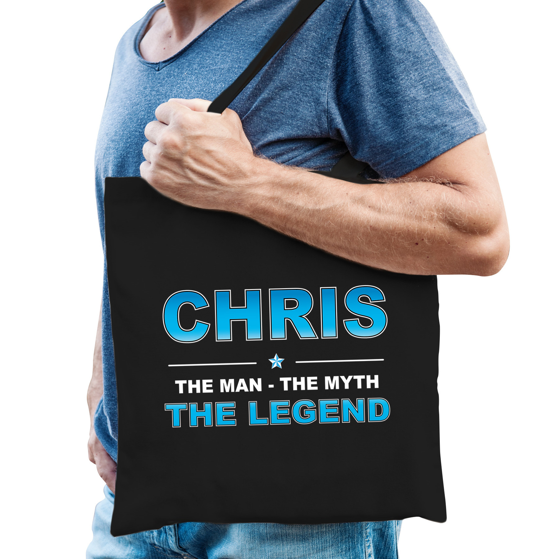 Naam Chris The Man, The myth the legend tasje zwart Cadeau boodschappentasje