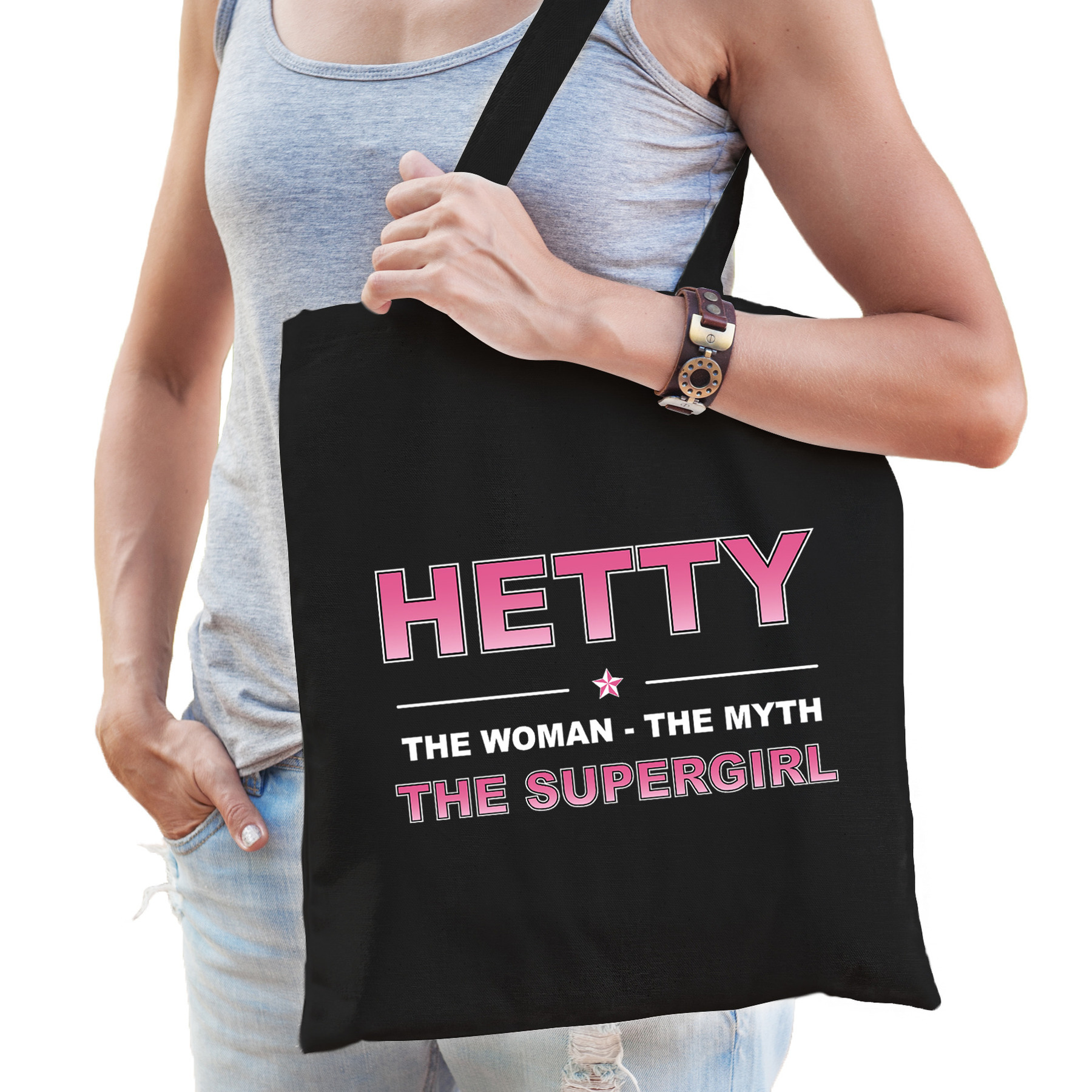 Naam Hetty The women, The myth the supergirl tasje zwart Cadeau boodschappentasje