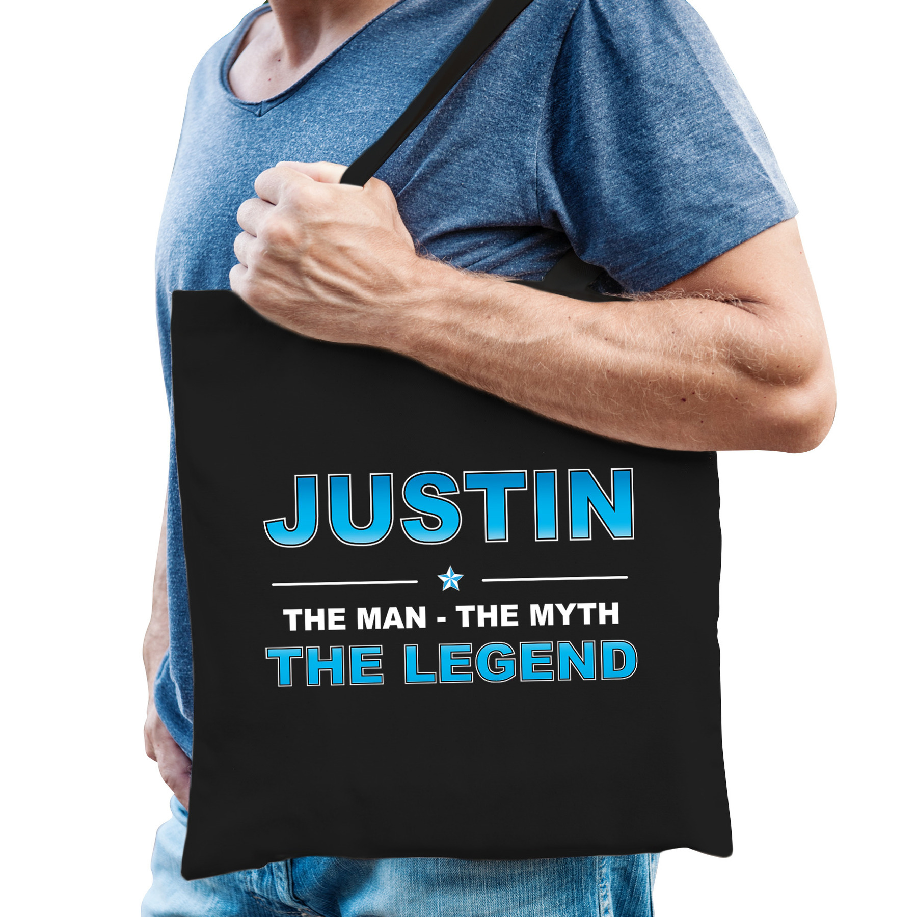 Naam Justin The Man, The myth the legend tasje zwart Cadeau boodschappentasje
