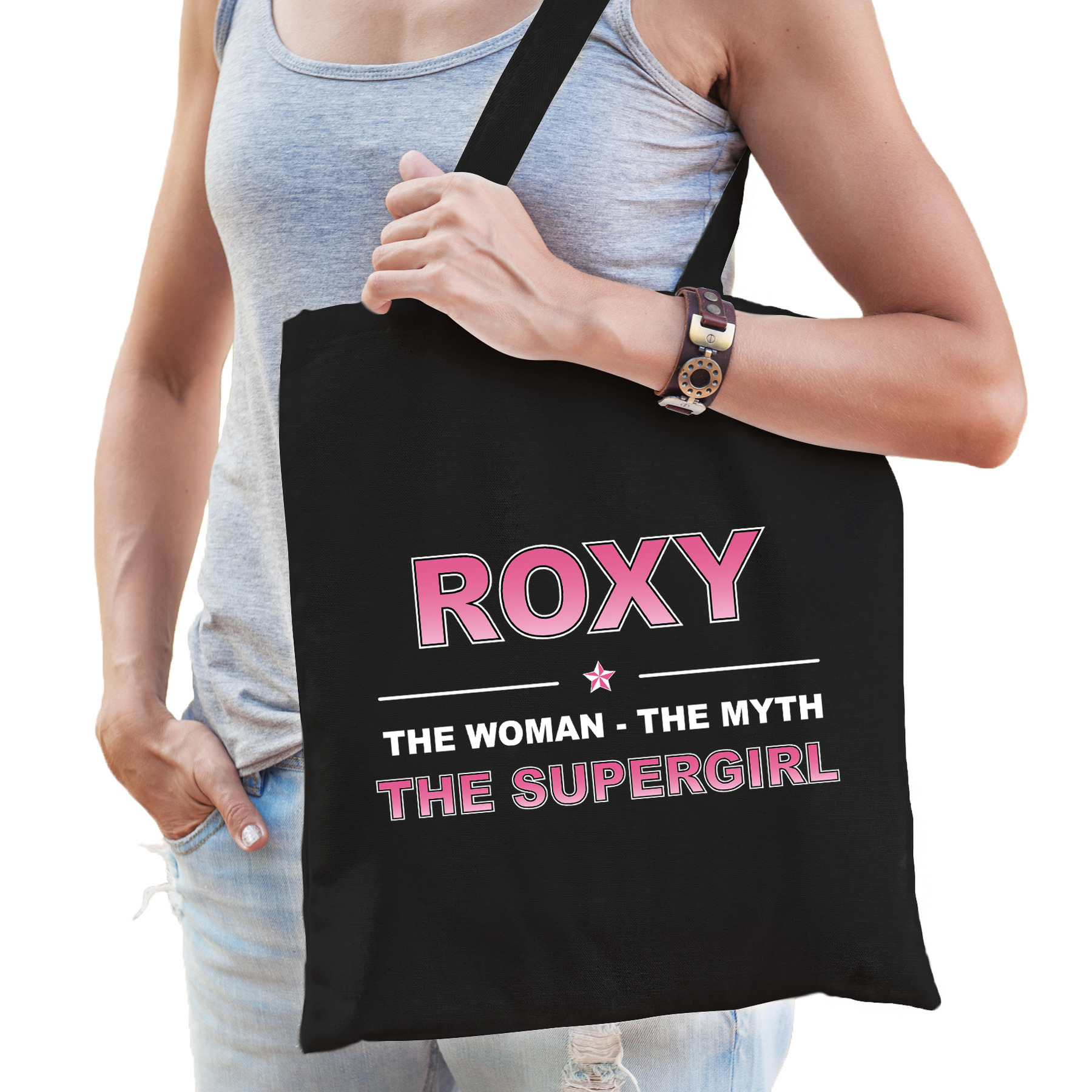 Naam Roxy The women, The myth the supergirl tasje zwart Cadeau boodschappentasje