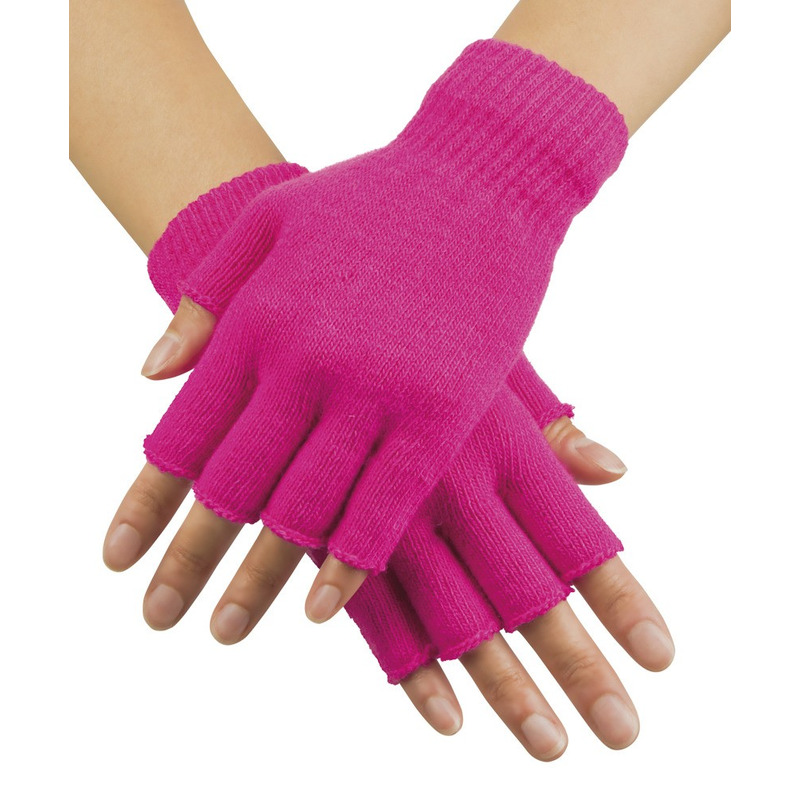 Neon roze vingerloze verkleed handschoenen gebreid voor volwassenen unisex