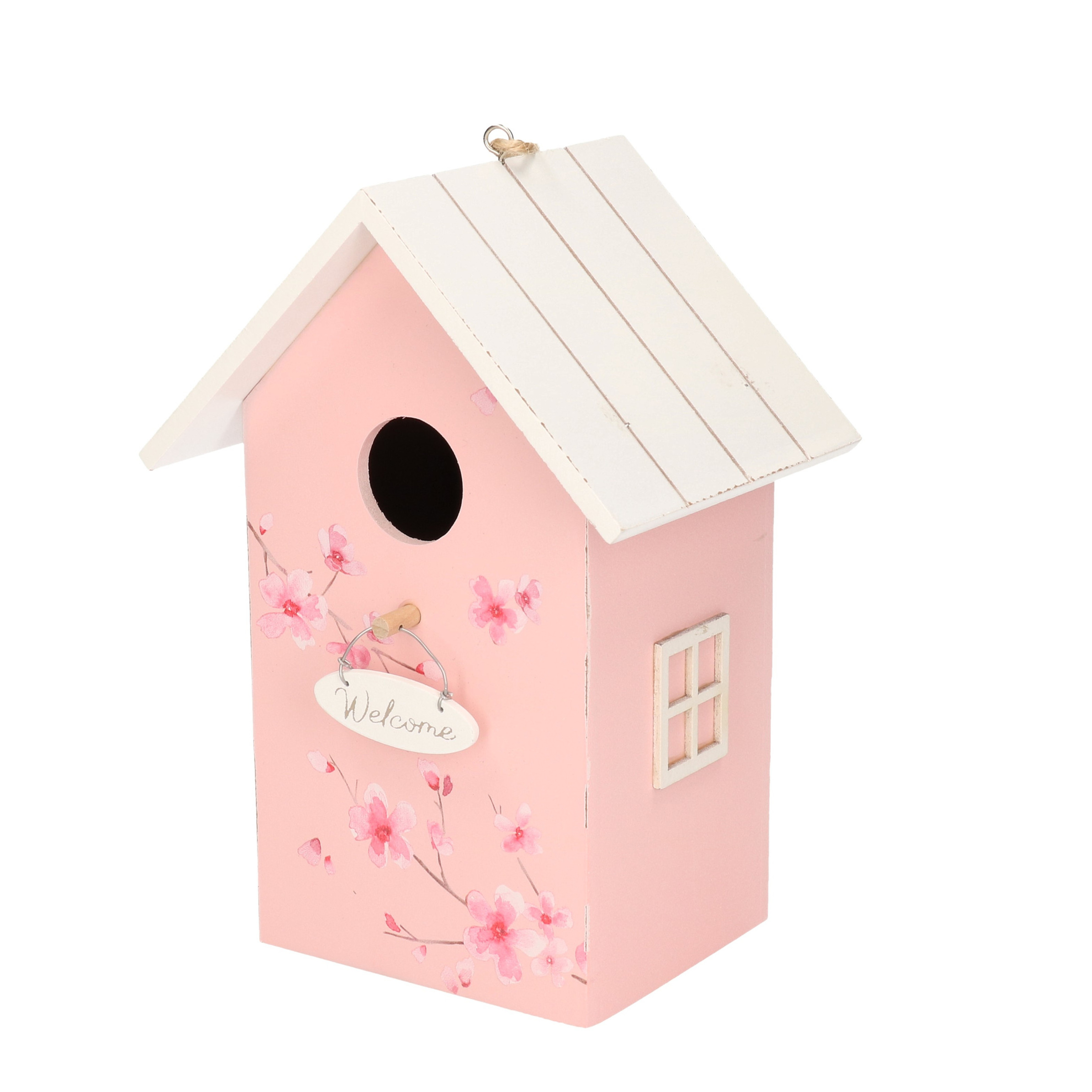 Nestkast-vogelhuisje hout roze met wit dak 15 x 12 x 22 cm
