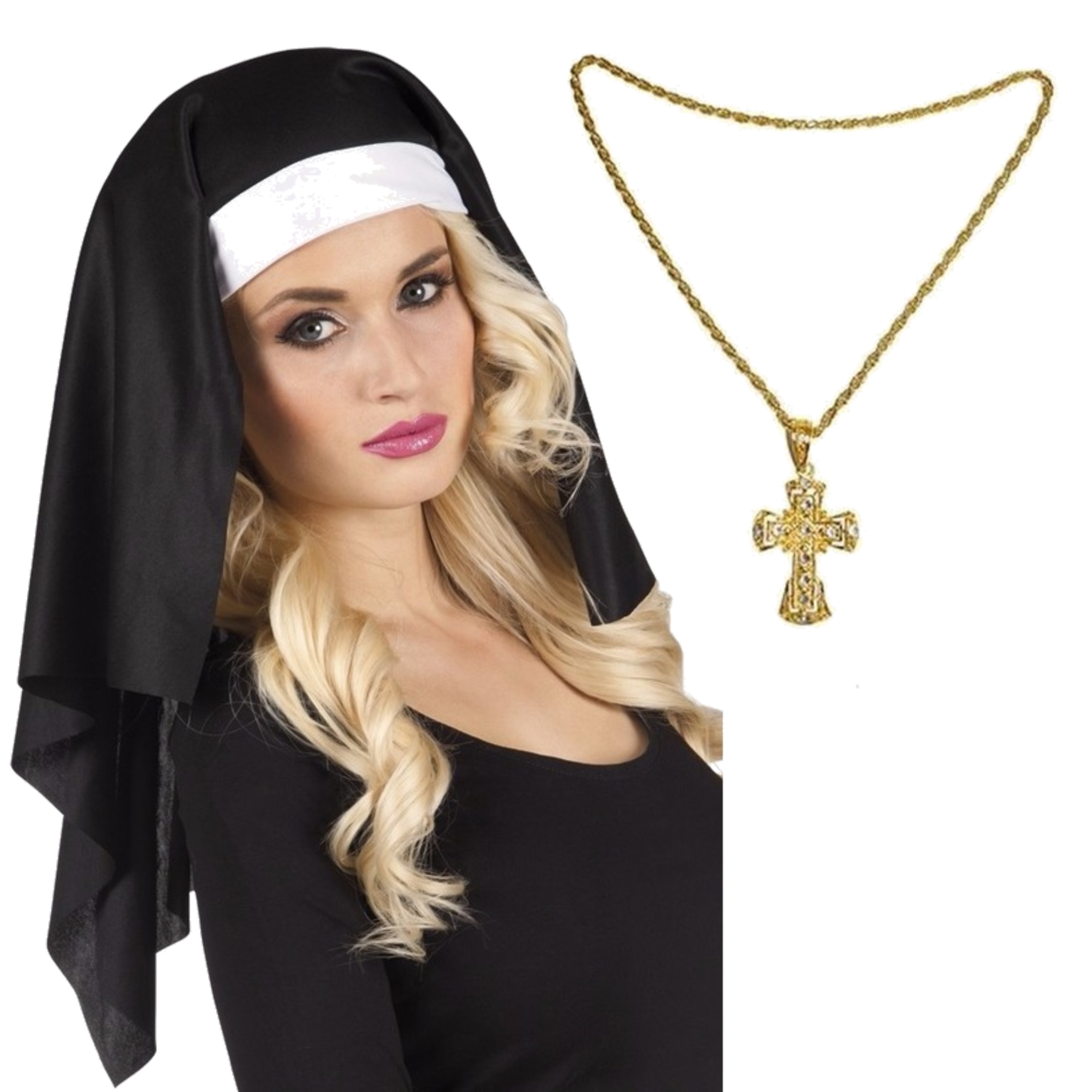 Nonnen carnaval verkleed setje van hoofdkap kraag en gouden kruis aan ketting