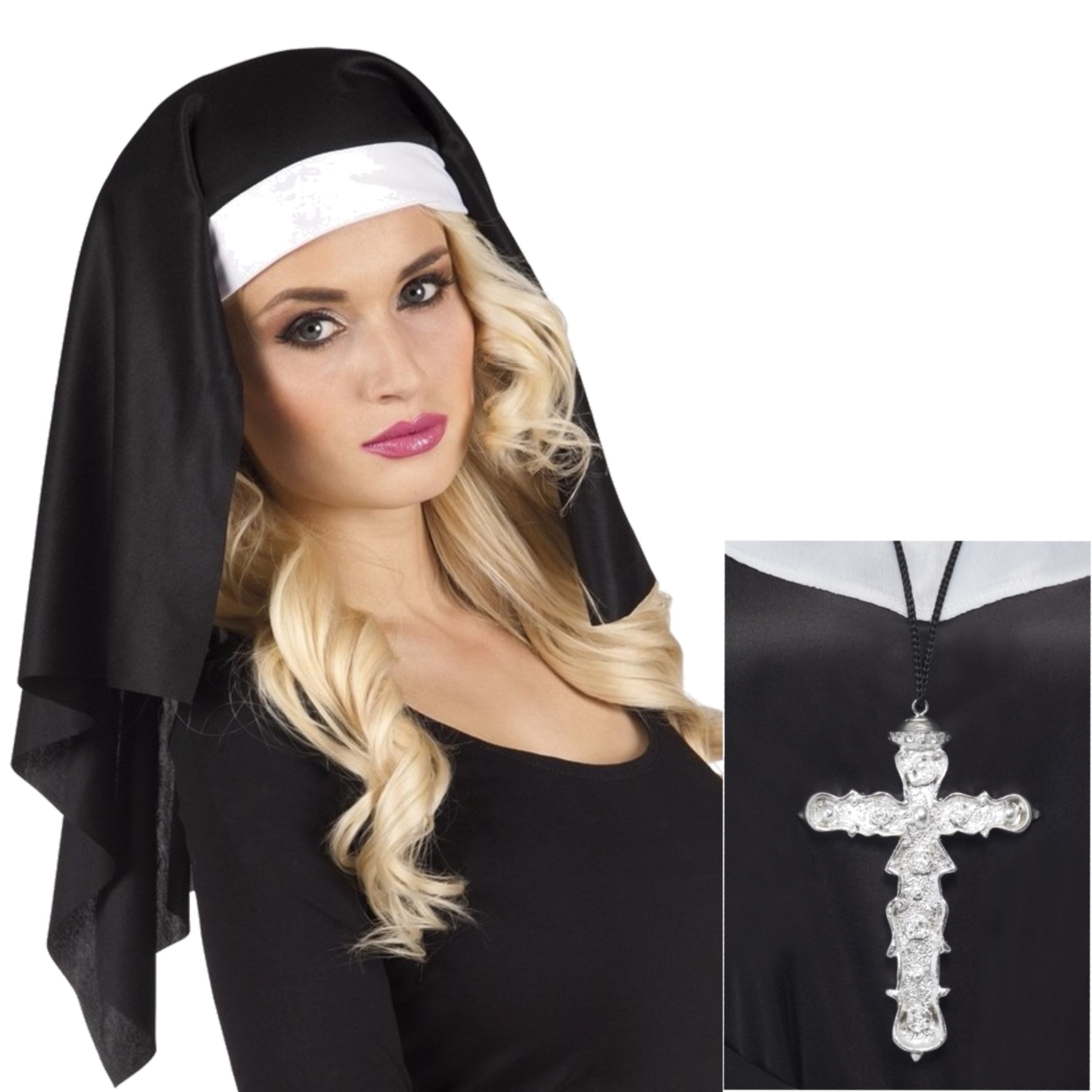 Nonnen carnaval verkleed setje van hoofdkap kraag en zilveren kruis aan ketting