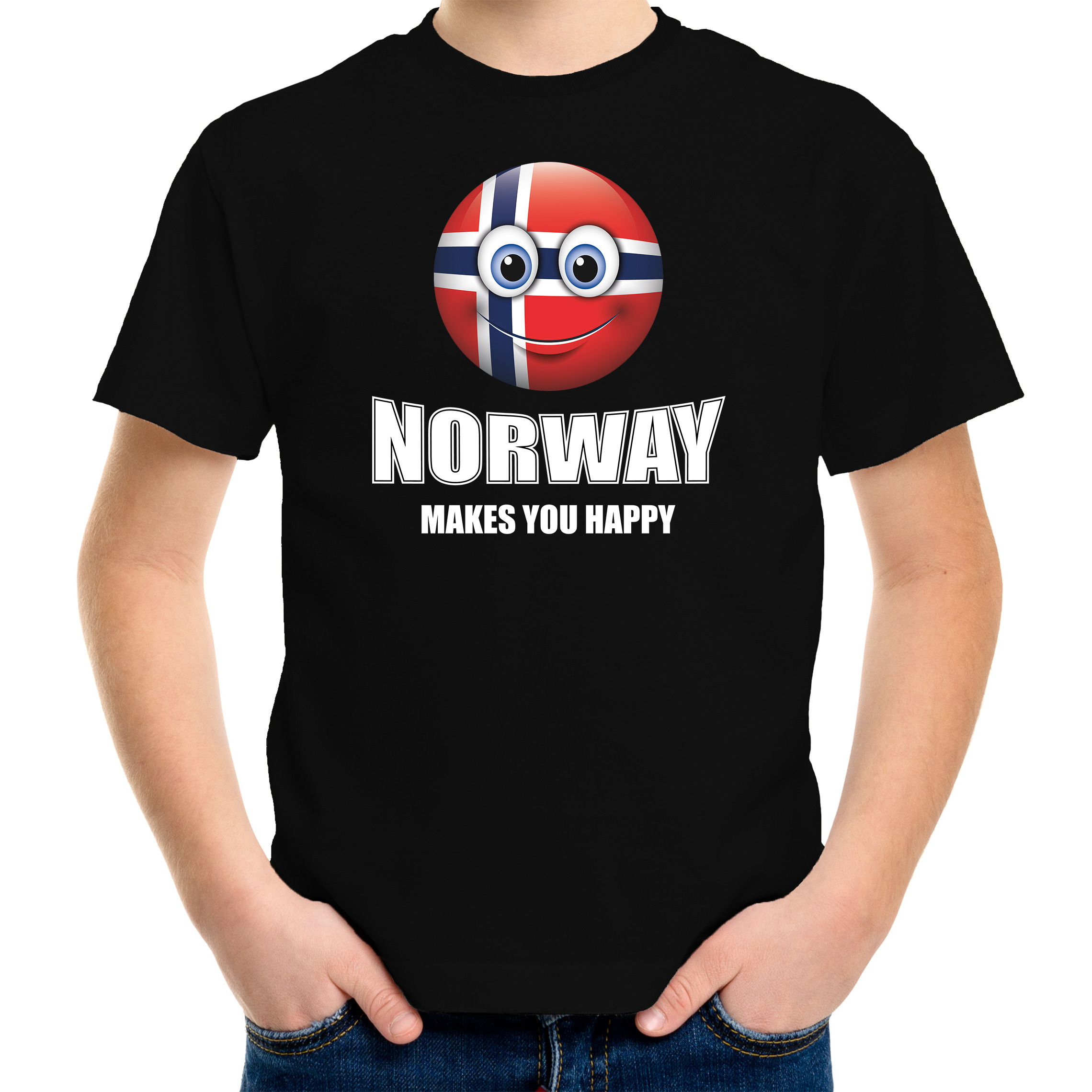 Norway makes you happy landen-vakantie shirt zwart voor kinderen met emoticon