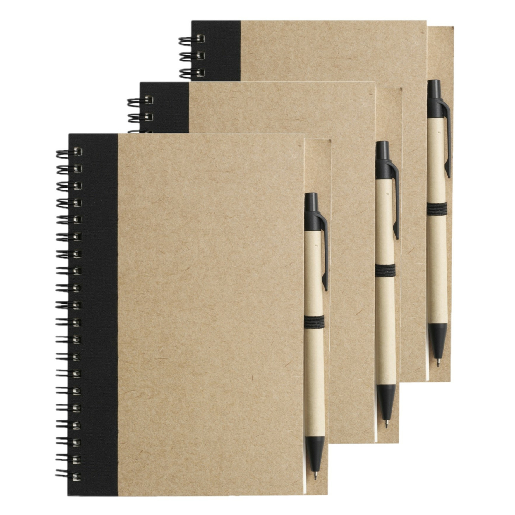 Notitie-opschrijf boekje met balpen 6x harde kaft beige-zwart 18x13cm 60blz gelinieerd