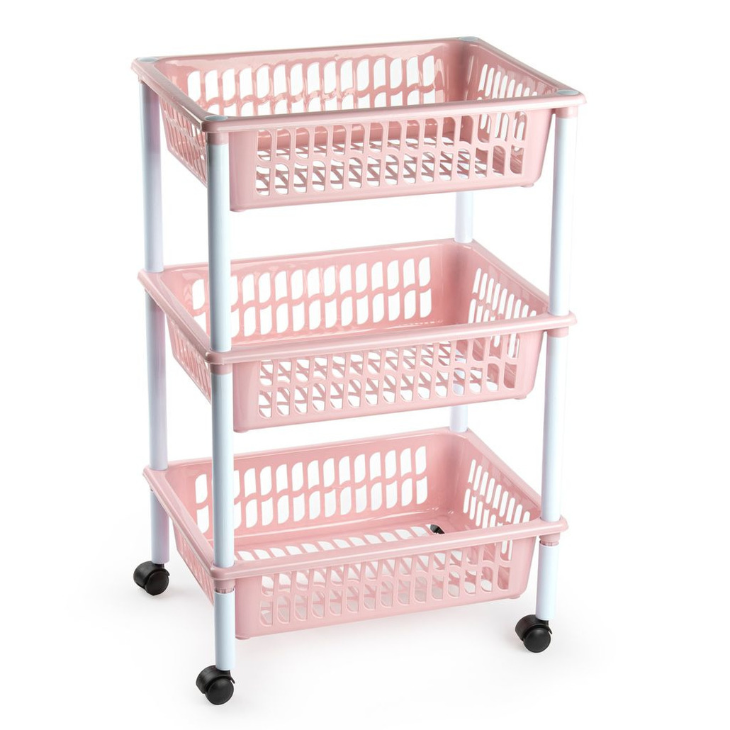 Opberg organiser trolleys-roltafels met 3 manden 62 cm in het oud roze