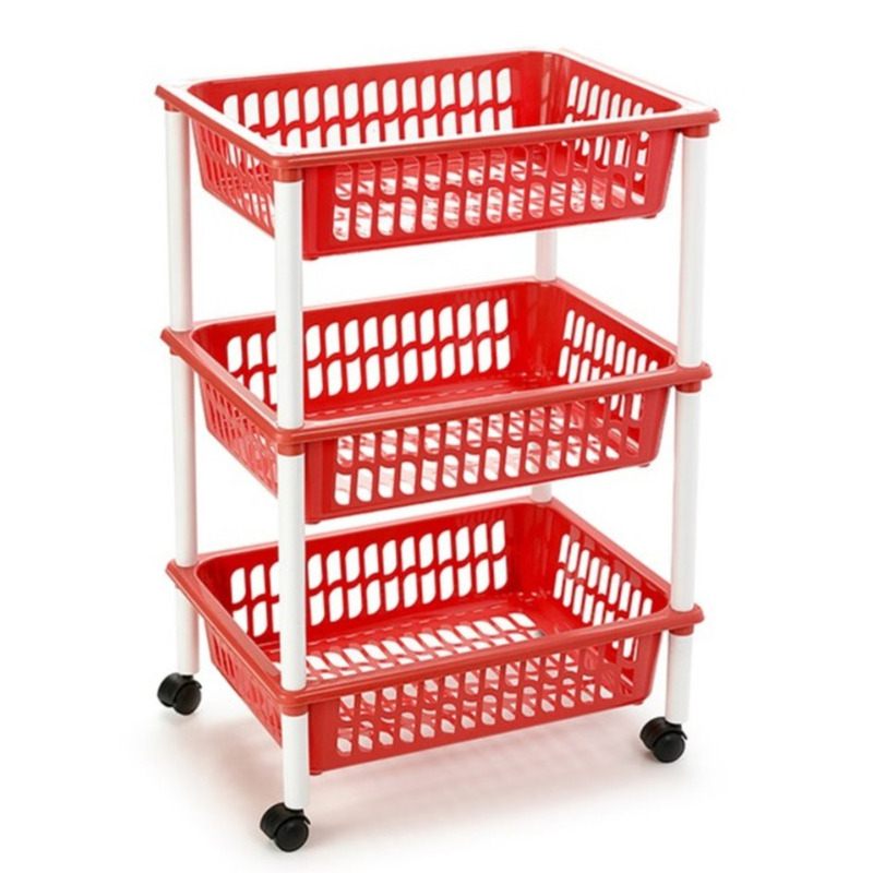 Opberg trolley-roltafel-organizer met 3 manden 40 x 30 x 61,5 cm wit-rood