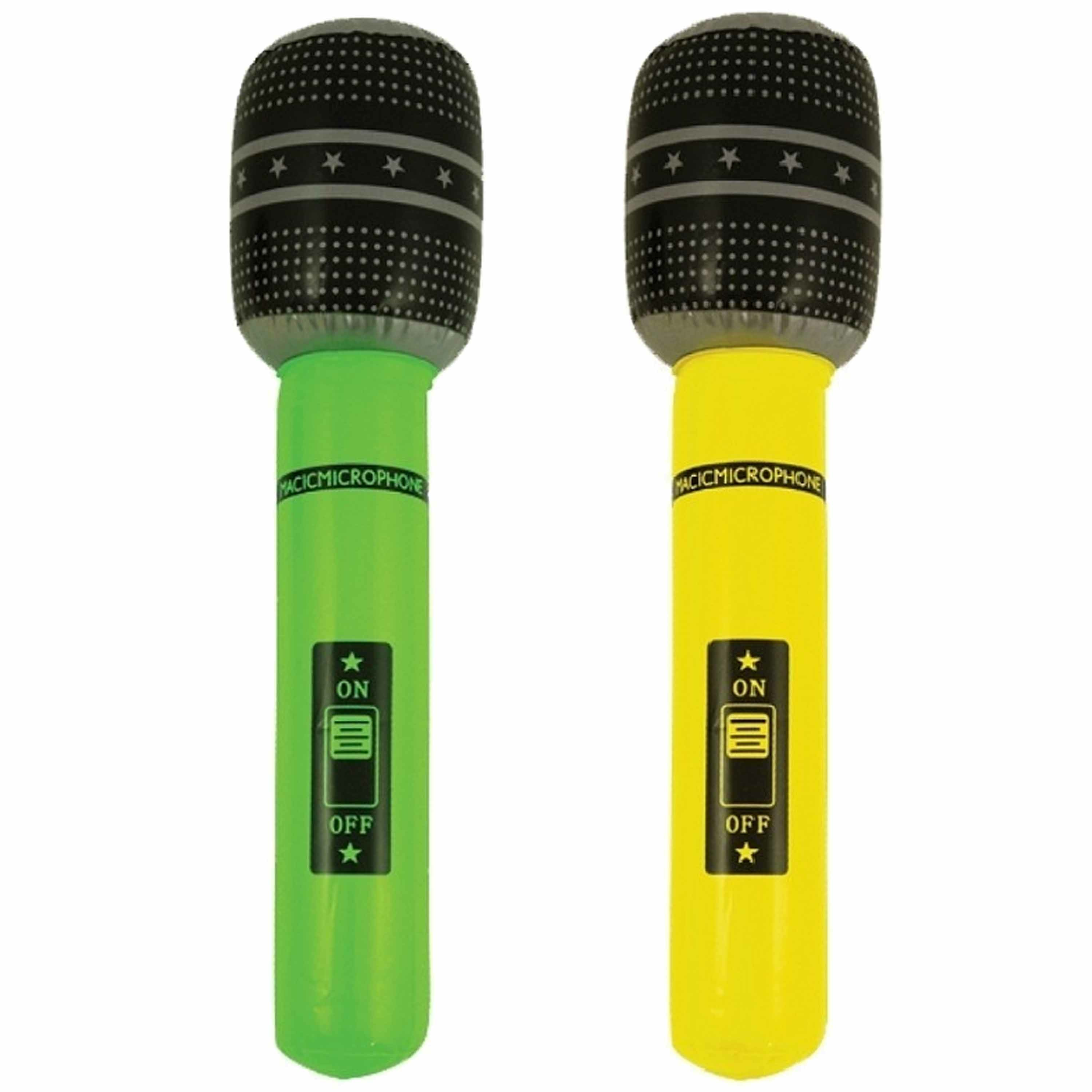 Opblaasbare speelgoed-feestartikel microfoons 2x stuks neon geel-groen 40 cm