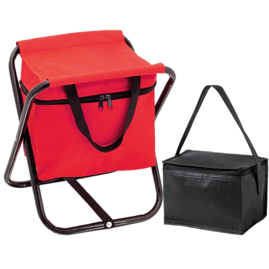 Opvouwbare stoel met ingebouwde koeltas en extra kleine koeltas rood-zwart