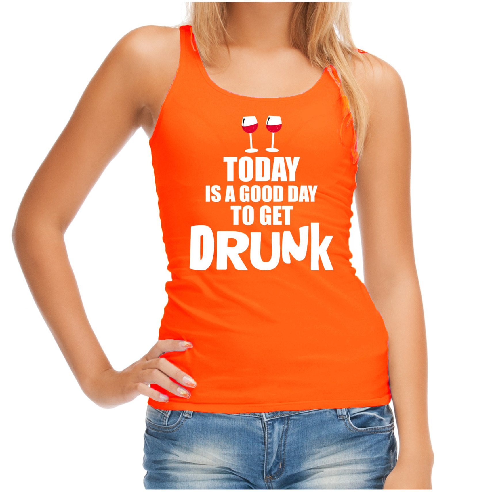Oranje good day to get drunk wijn tanktop-mouwloos Koningsdag t-shirt voor dames