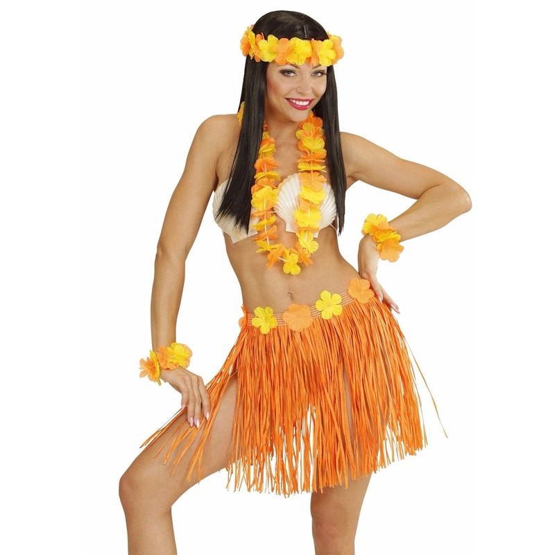 Oranje Hawaii kostuum verkleed set voor dames