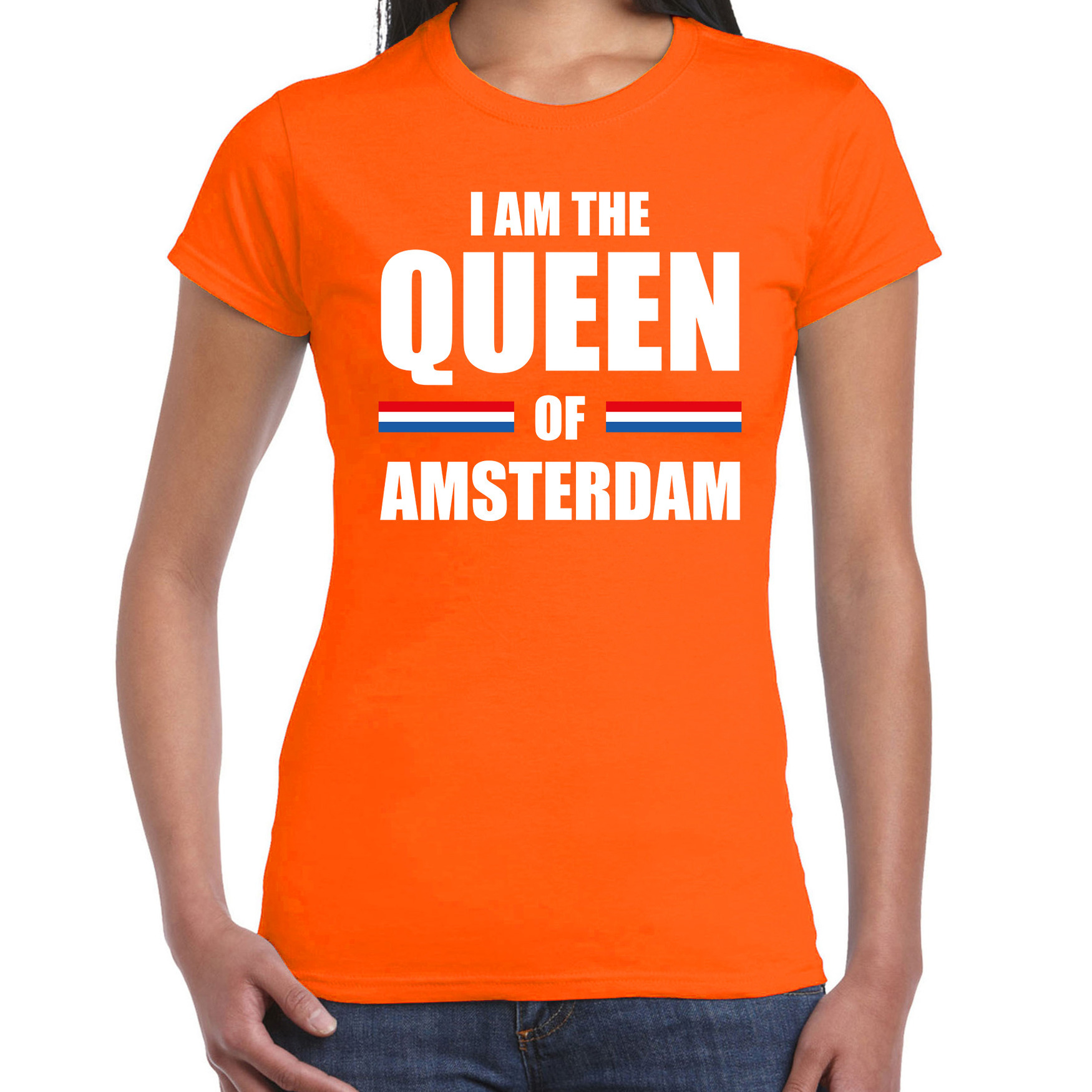 Oranje I am the Queen of Amsterdam shirt Koningsdag t-shirt voor dames