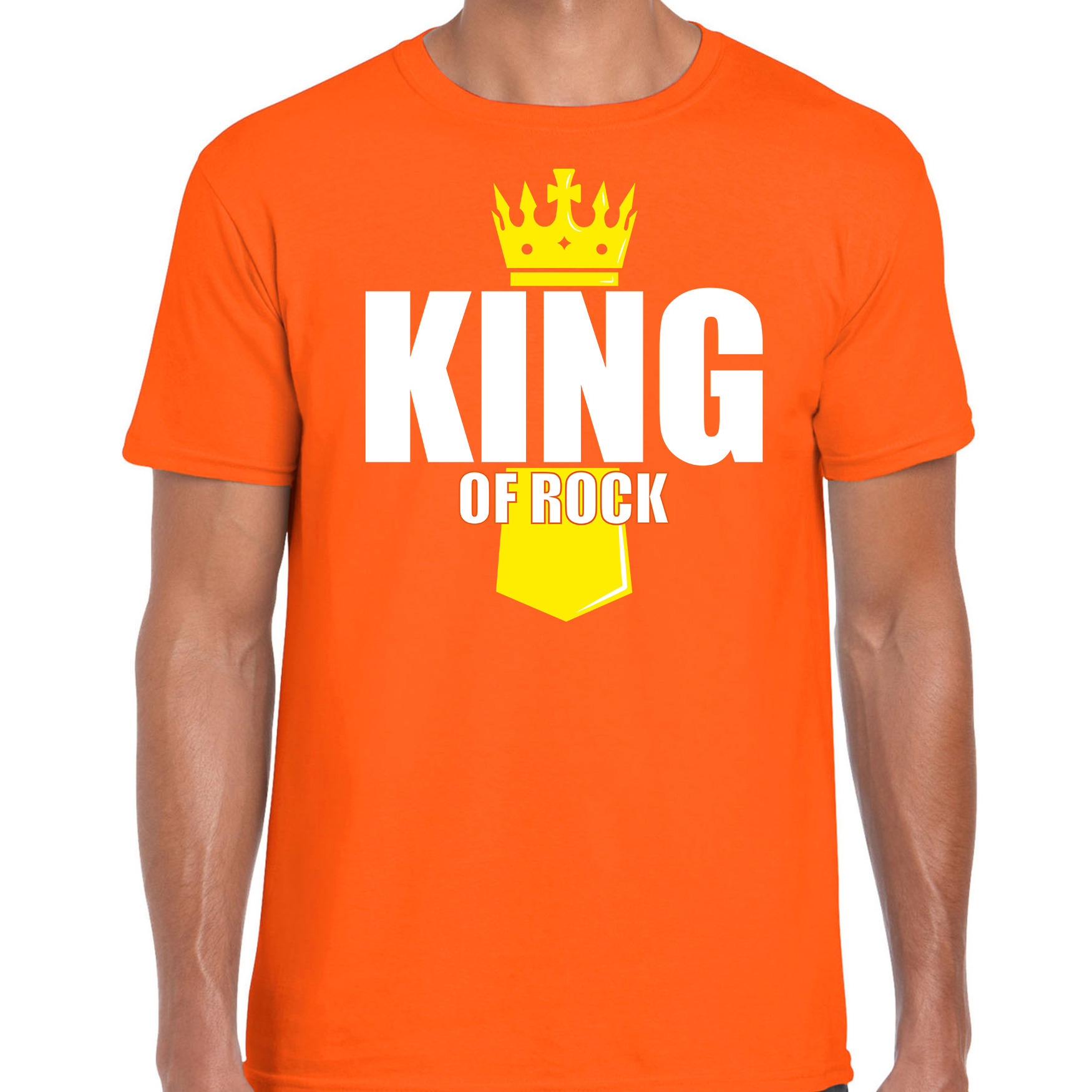 Oranje king of rock muziek shirt met kroontje Koningsdag t-shirt voor heren