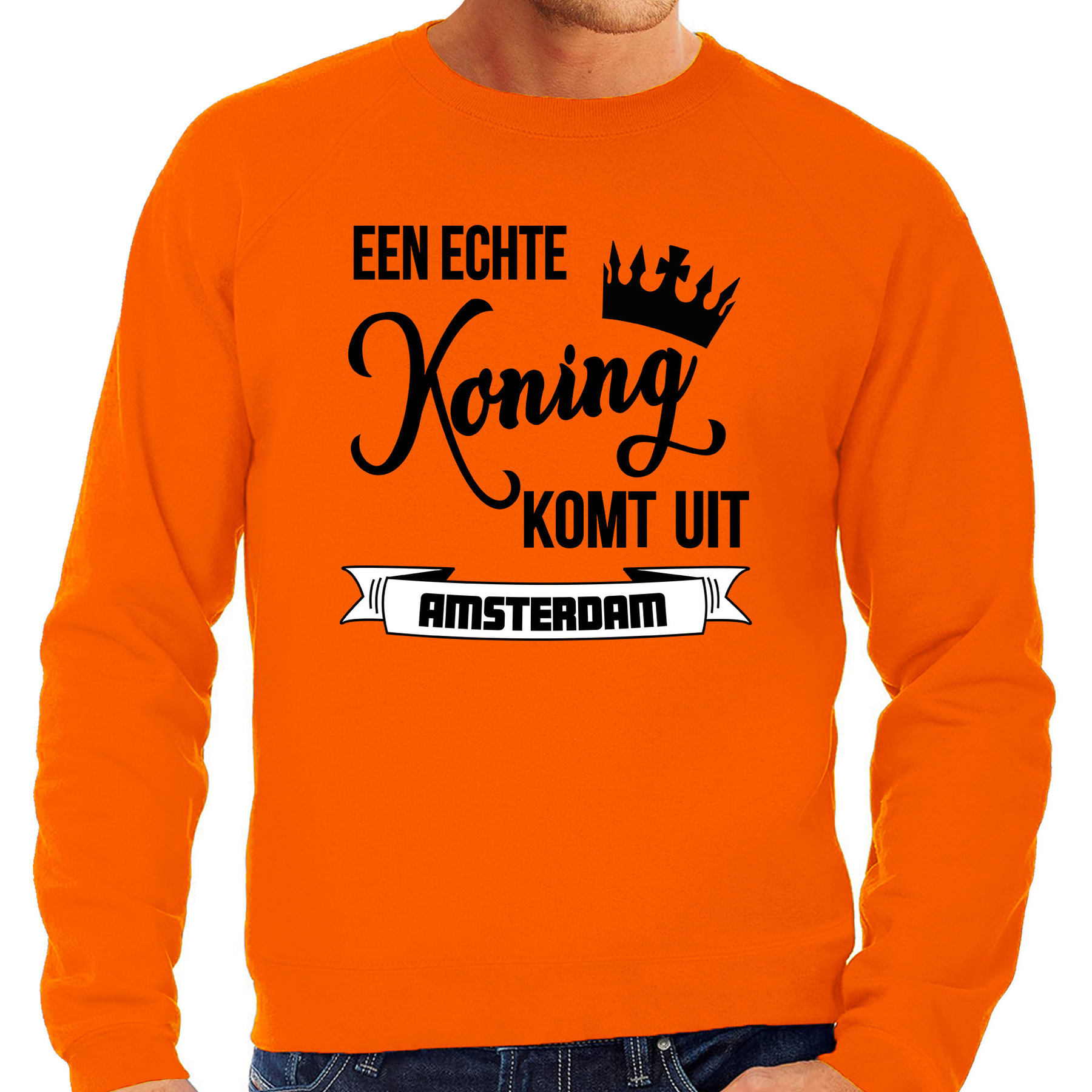 Oranje Koningsdag sweater echte Koning komt uit Amsterdam heren