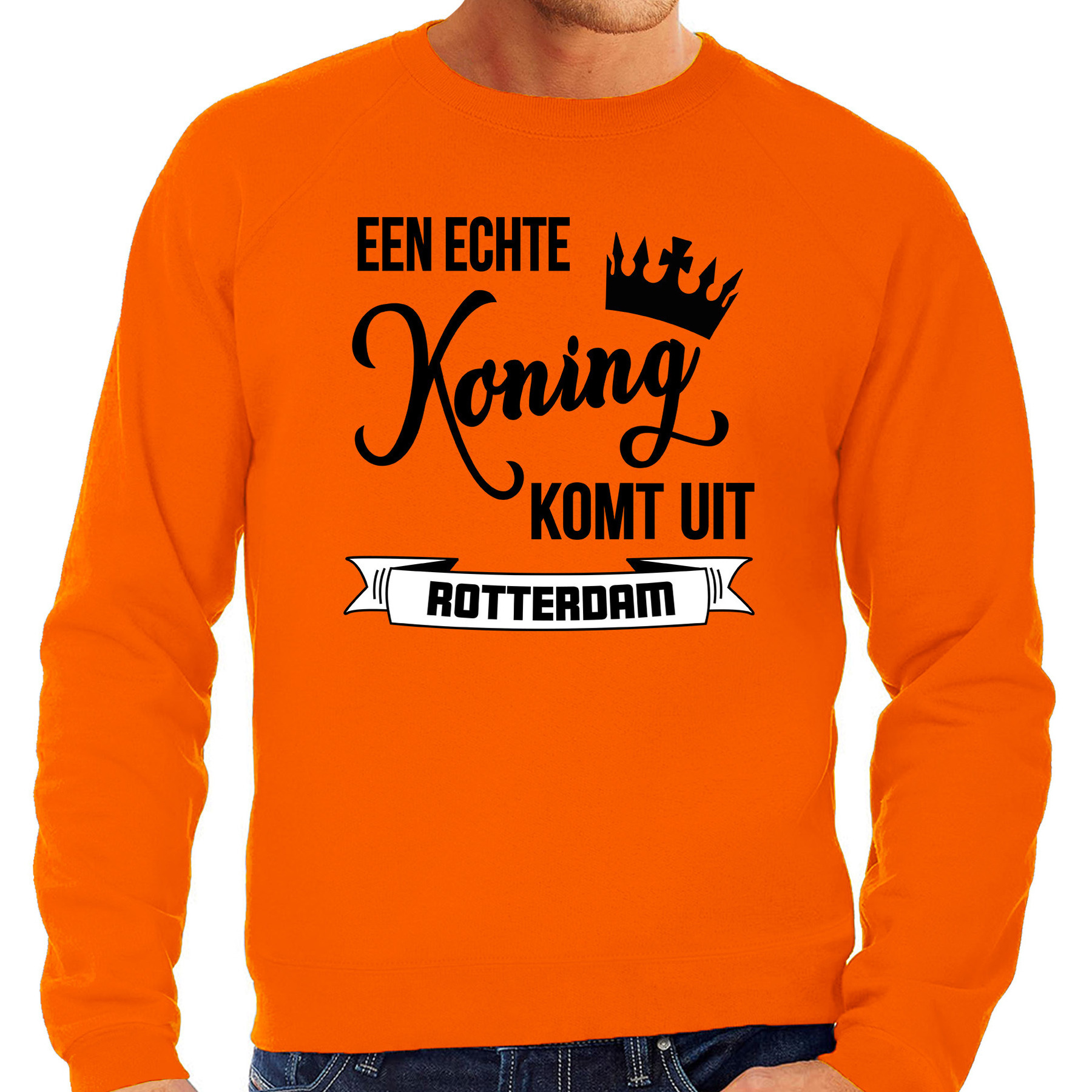 Oranje Koningsdag sweater echte Koning komt uit Rotterdam heren