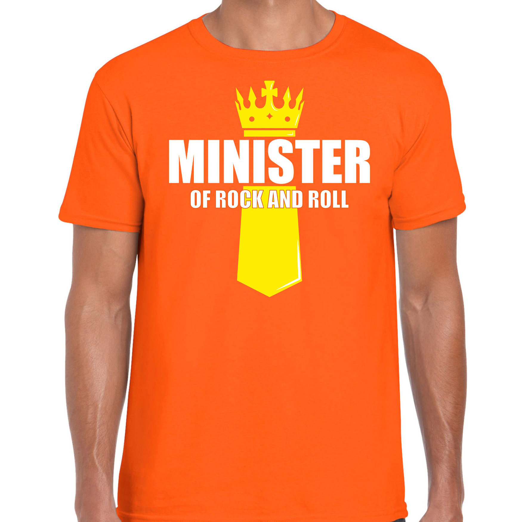 Oranje Minister of rock N roll shirt met kroontje Koningsdag t-shirt voor heren