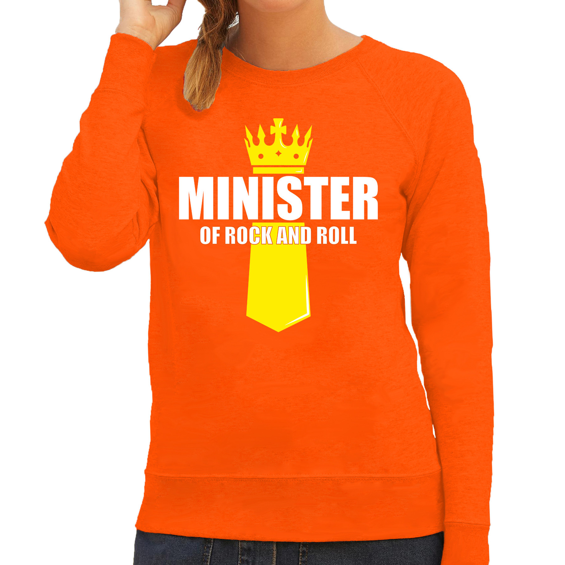 Oranje Minister of rock N roll sweater met kroontje Koningsdag truien voor dames