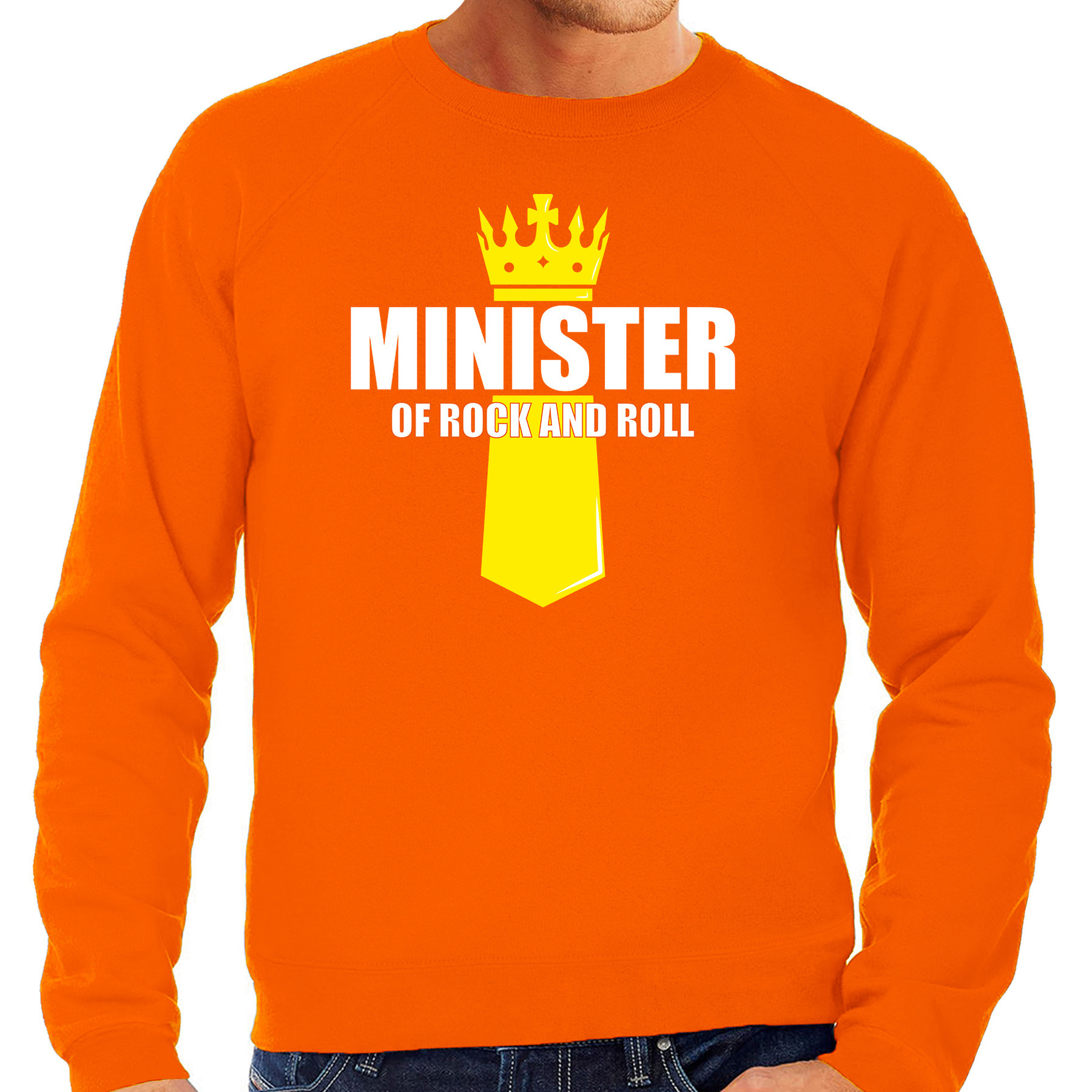 Oranje Minister of rock N roll sweater met kroontje Koningsdag truien voor heren