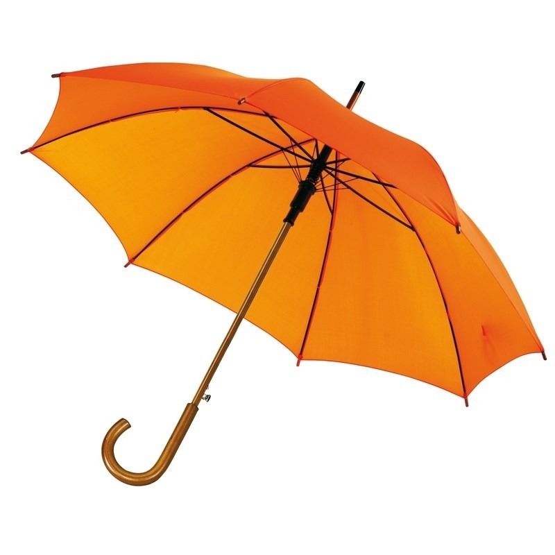 Oranje paraplu met gebogen houten handvat, houten steel en metalen frame 103 cm