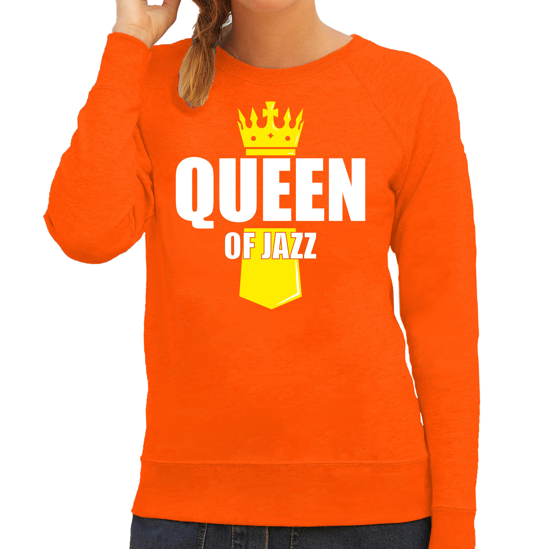 Oranje queen of jazz muziek sweater met kroontje Koningsdag truien voor dames