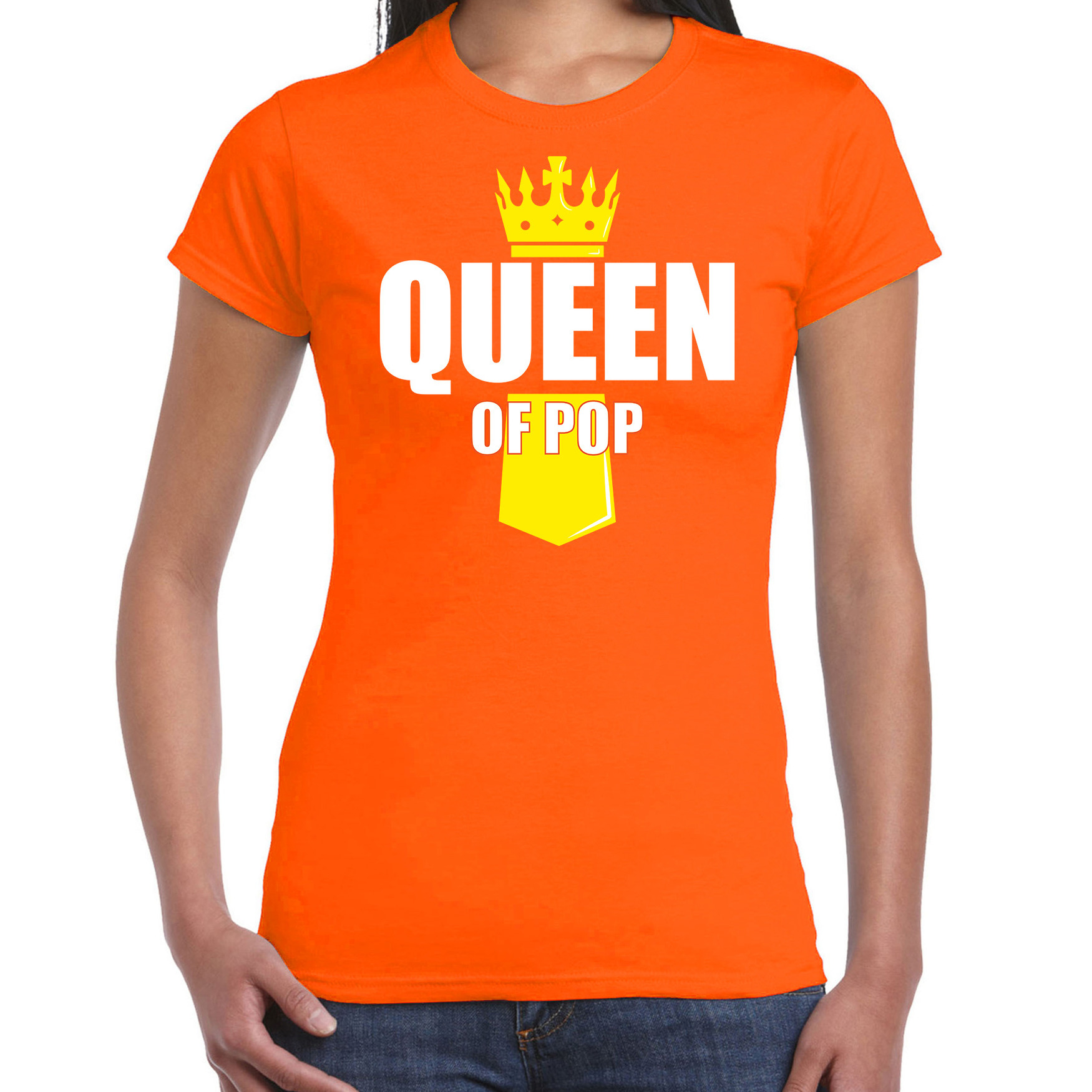 Oranje Queen of pop muziek shirt met kroontje Koningsdag t-shirt voor dames