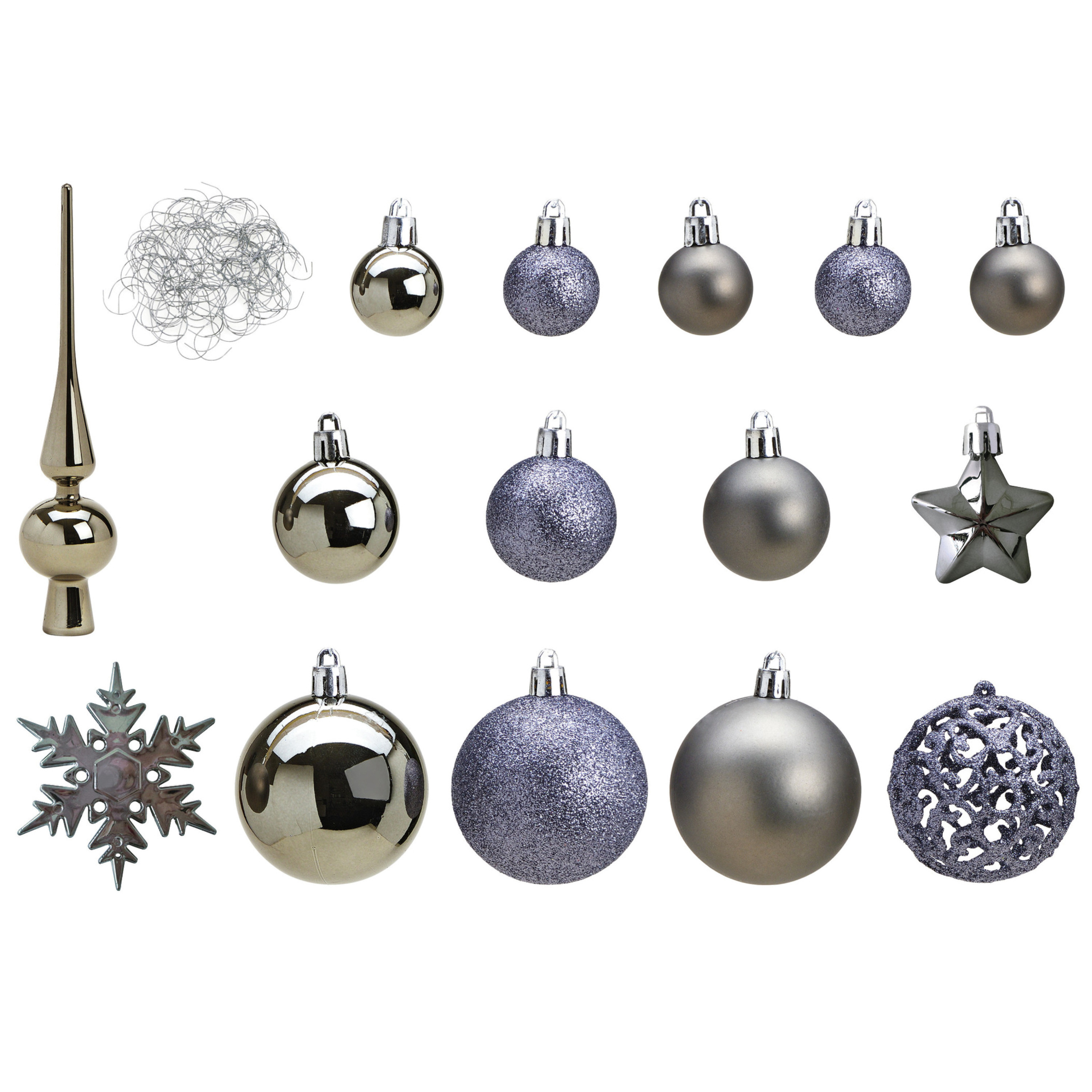 Pakket met 110x stuks kunststof kerstballen-ornamenten met piek grijs