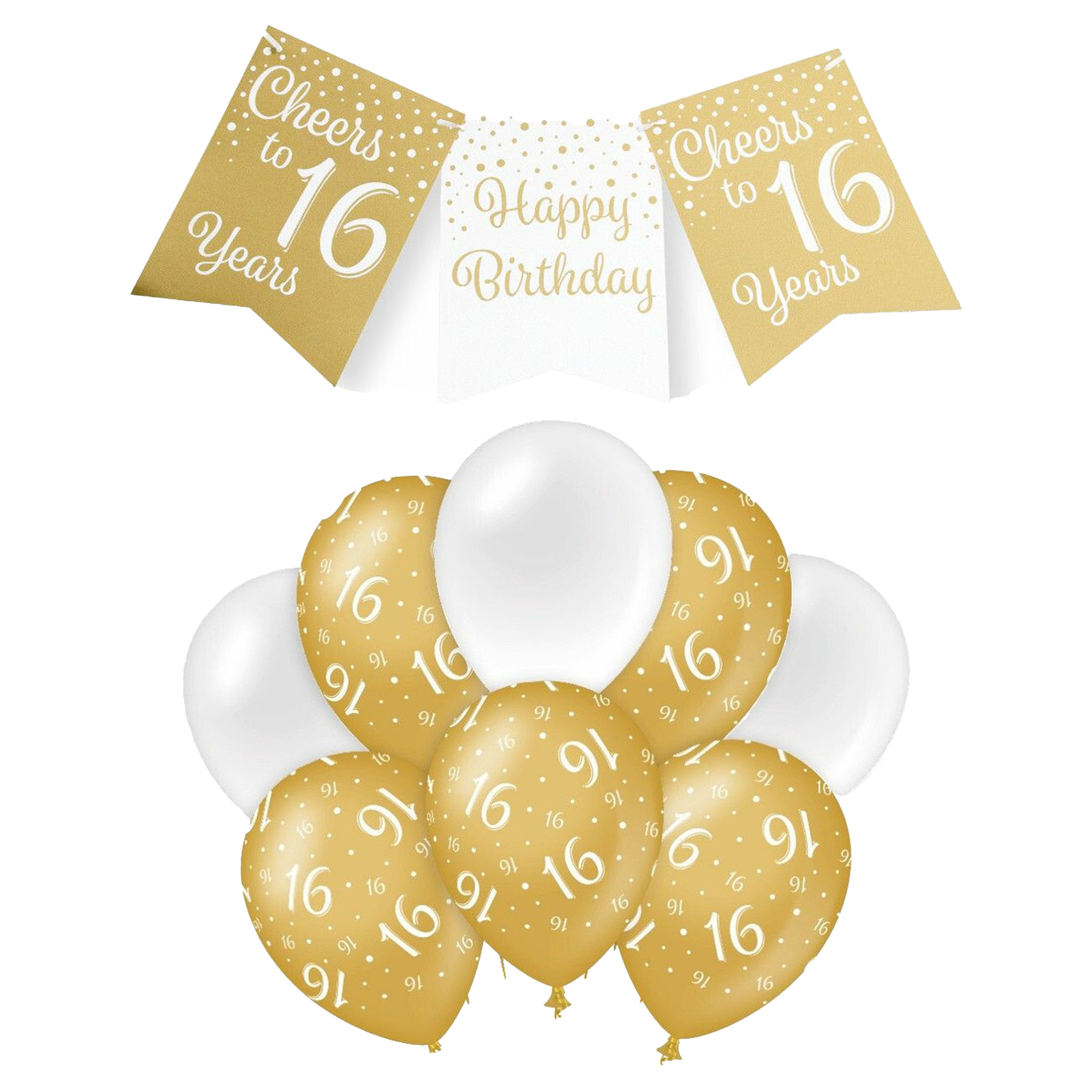 Paperdreams Luxe 16 jaar feestversiering set Ballonnen & vlaggenlijnen wit-goud