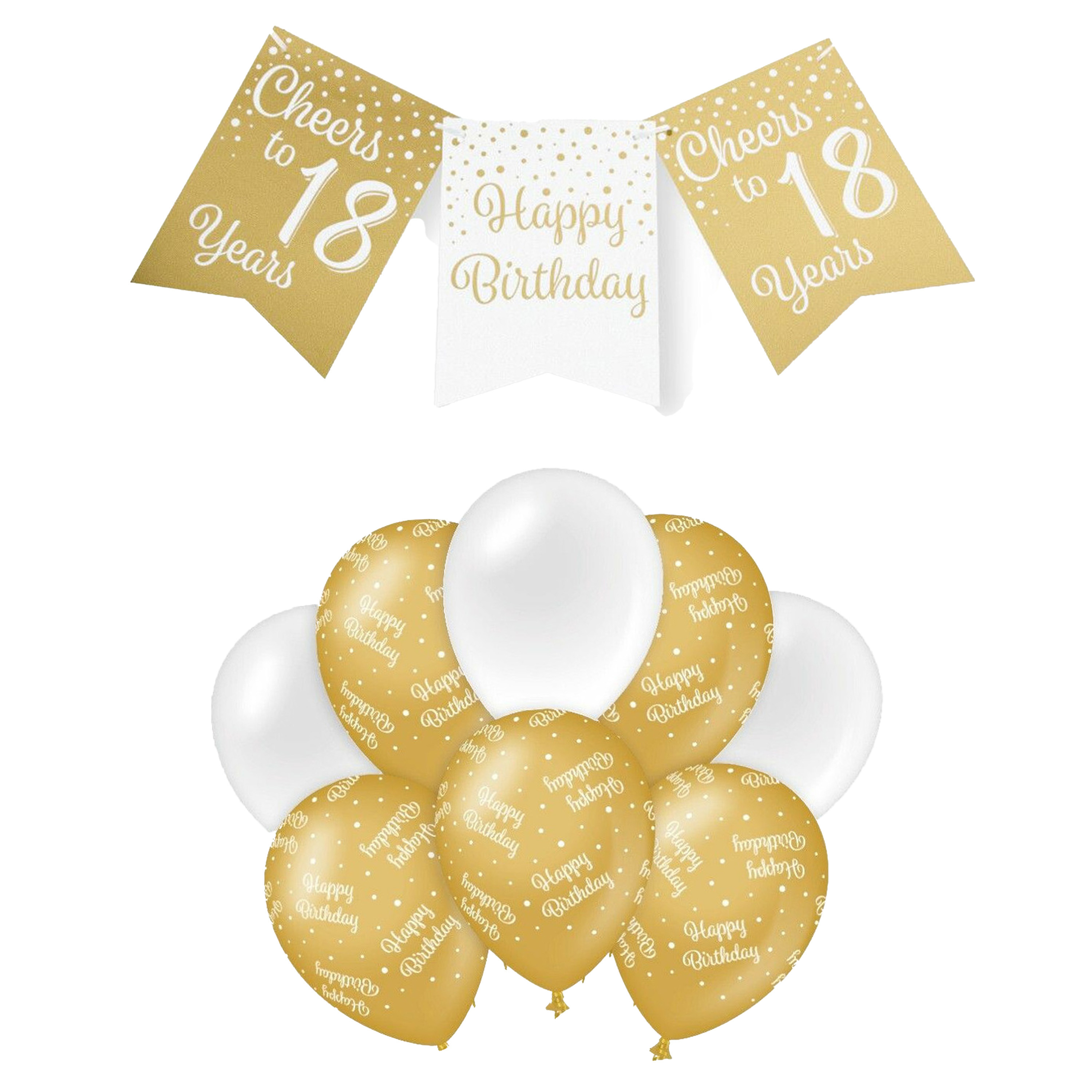 Paperdreams Luxe 18 jaar feestversiering set Ballonnen & vlaggenlijnen wit-goud
