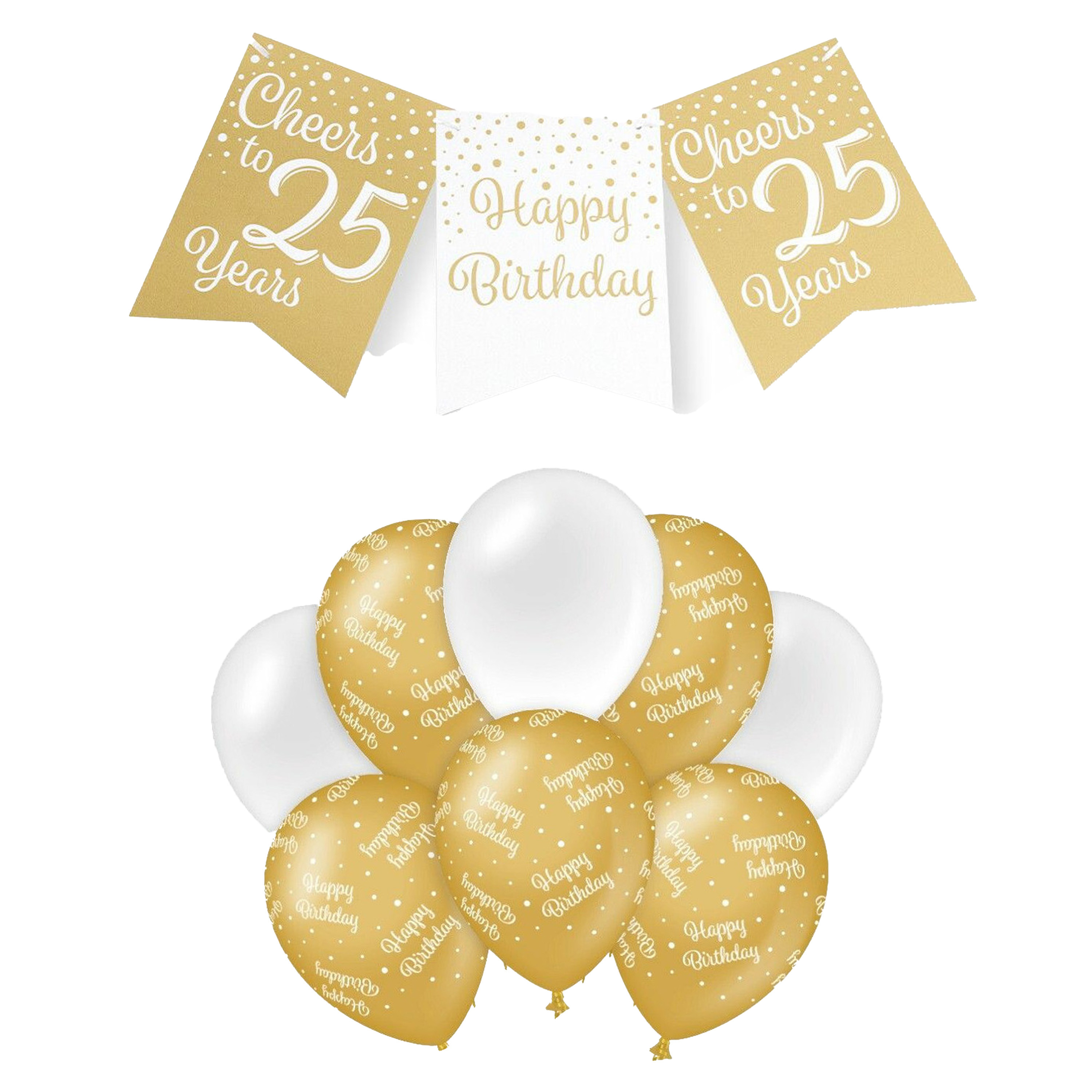 Paperdreams Luxe 25 jaar feestversiering set Ballonnen & vlaggenlijnen wit-goud