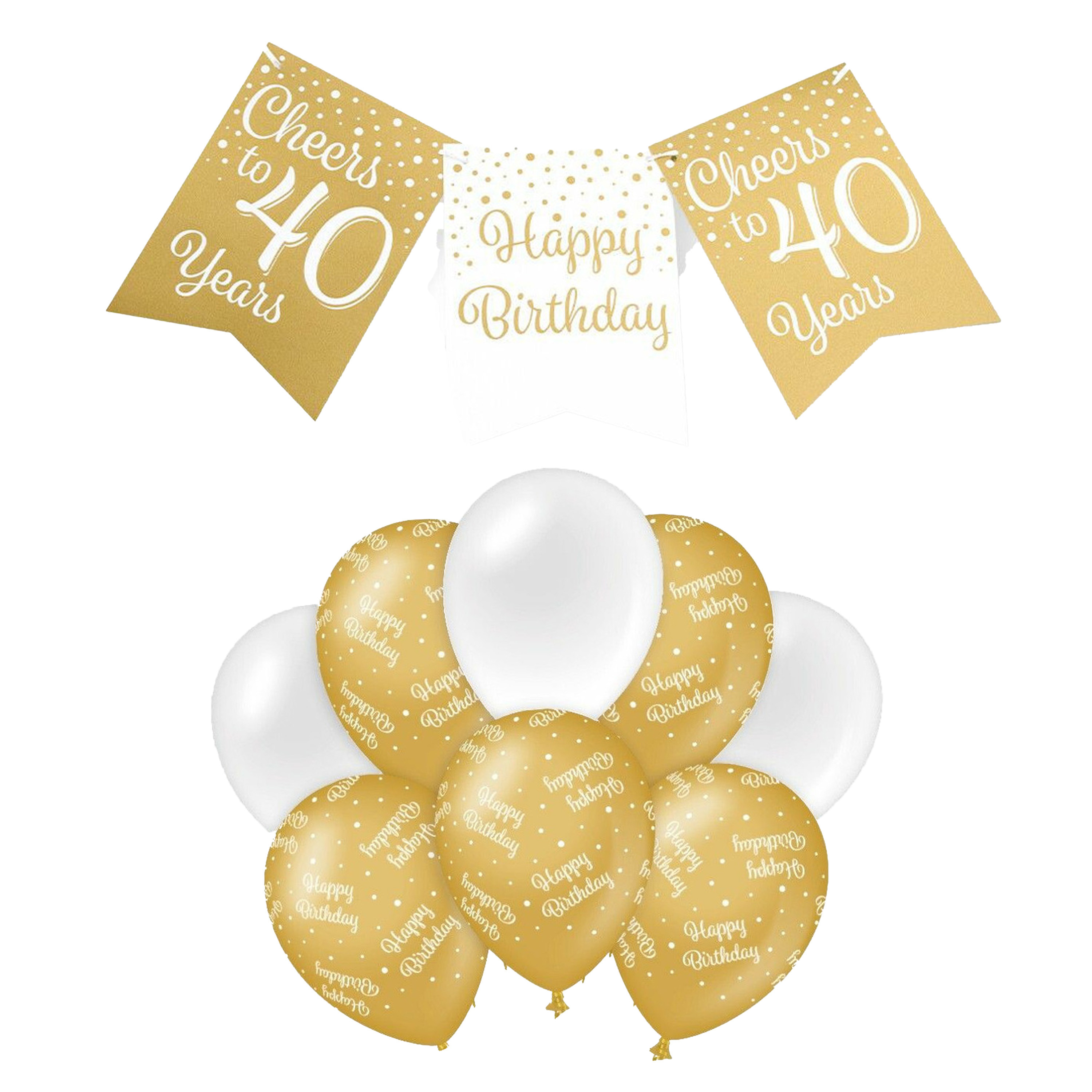 Paperdreams Luxe 40 jaar feestversiering set Ballonnen & vlaggenlijnen wit-goud