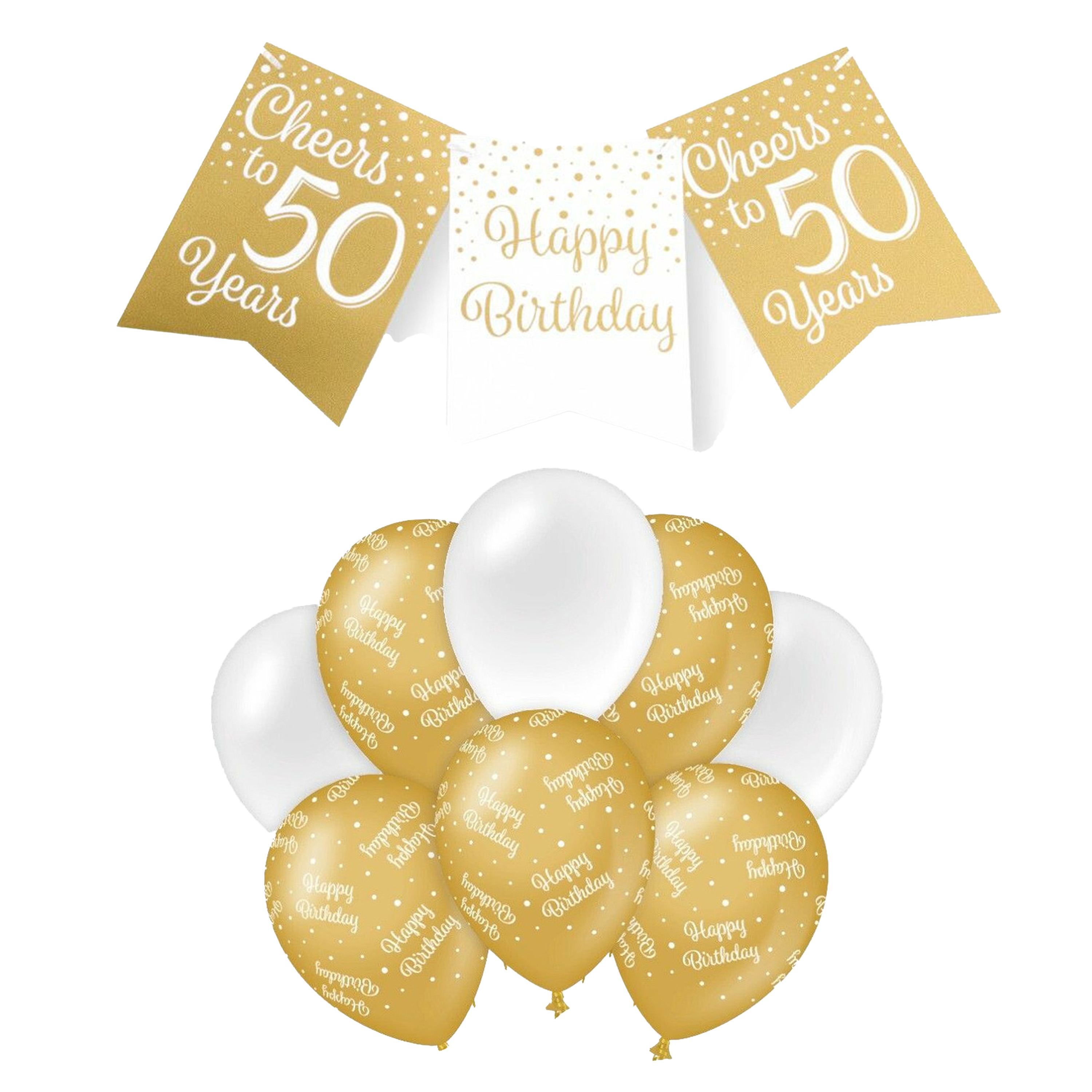 Paperdreams Luxe 50 jaar feestversiering set Ballonnen & vlaggenlijnen wit-goud