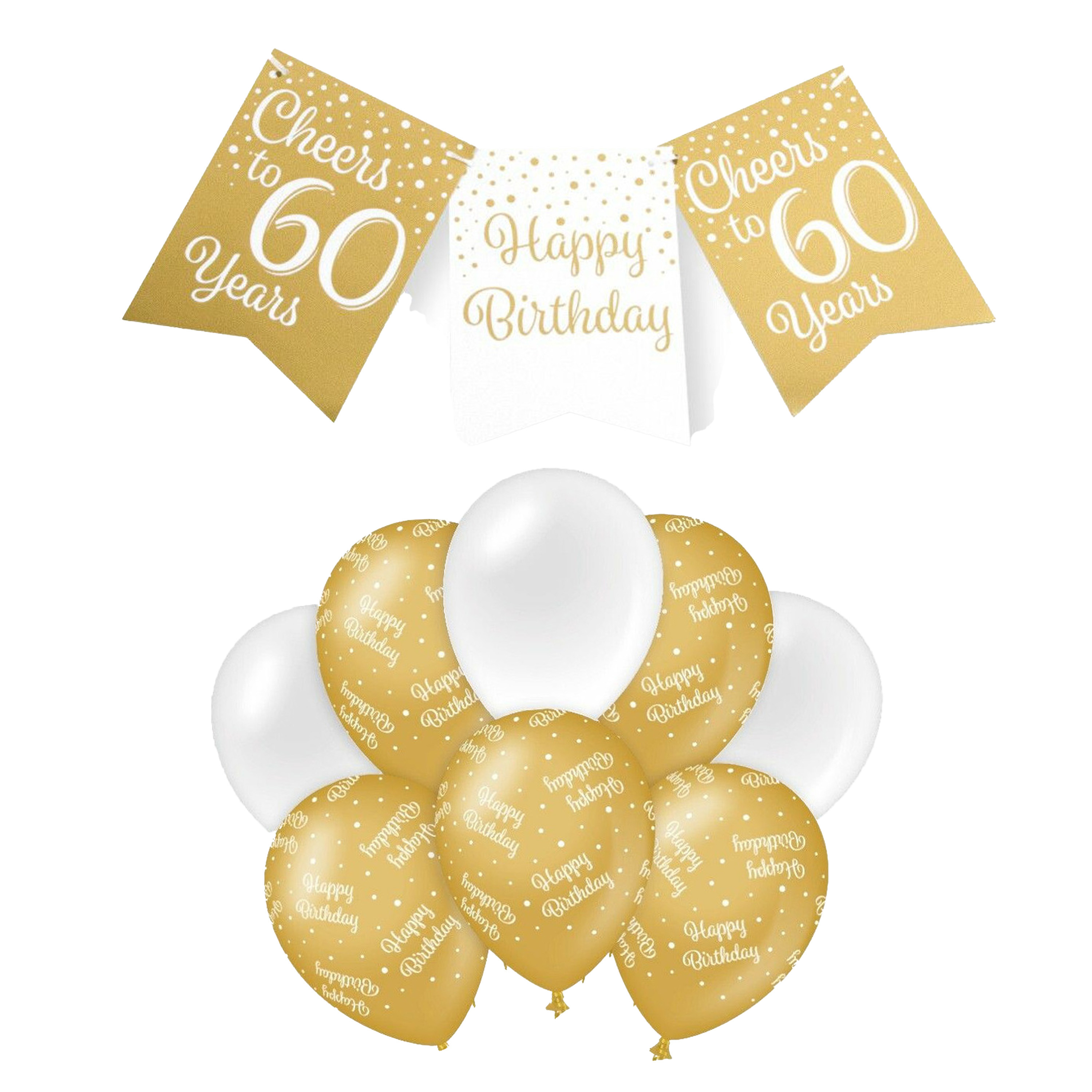 Paperdreams Luxe 60 jaar feestversiering set Ballonnen & vlaggenlijnen wit-goud